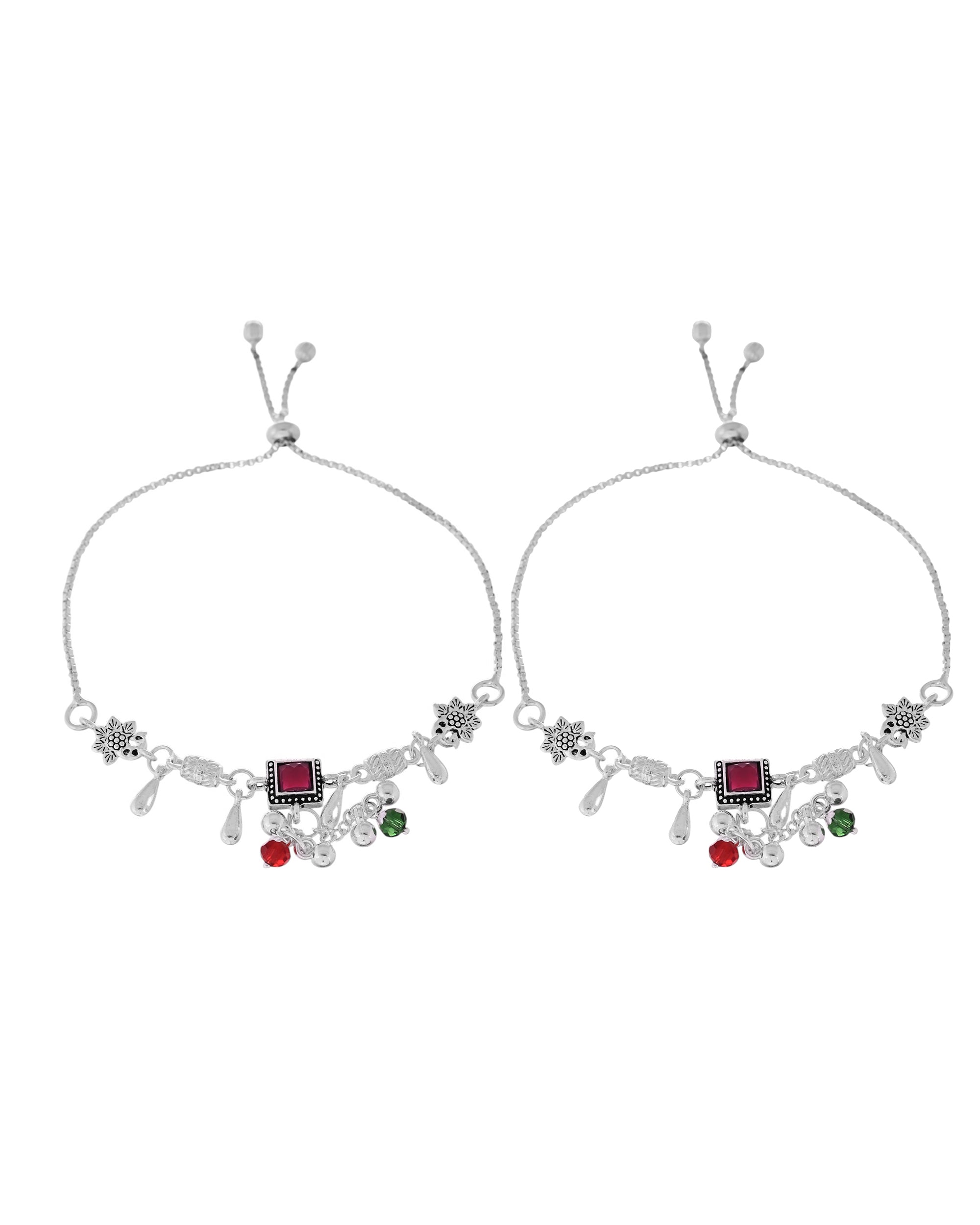 VOJ Set of 2 Silver Plated With Beads Anklet