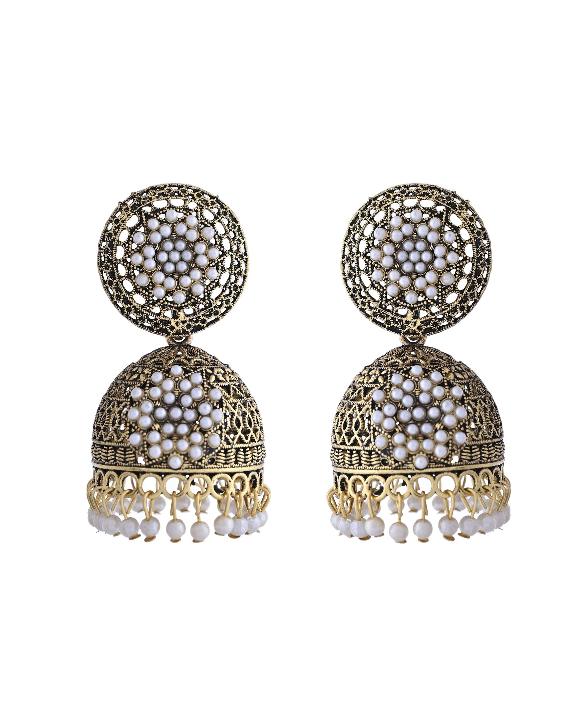 VOJ Gold Toned Stone Studded Done Shaped With Pearl Jhumka Earrings