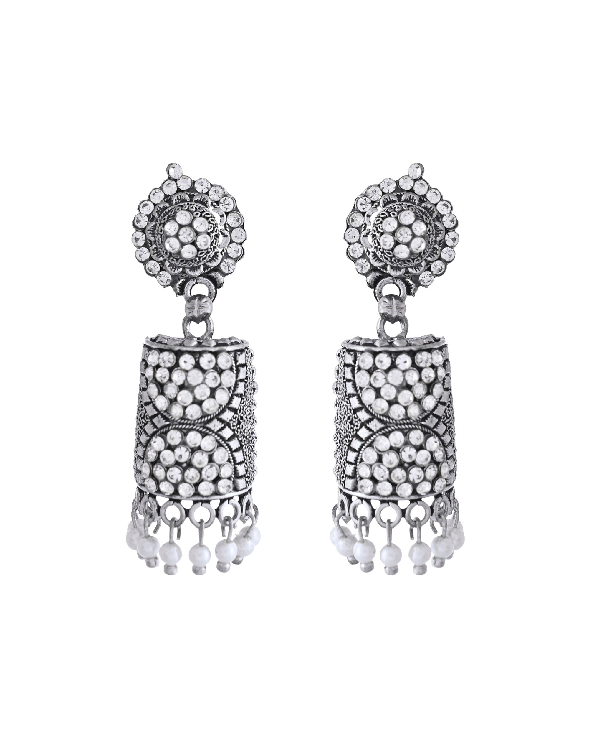 VOJ Silver Toned Stone Studded Jhumka Earrings