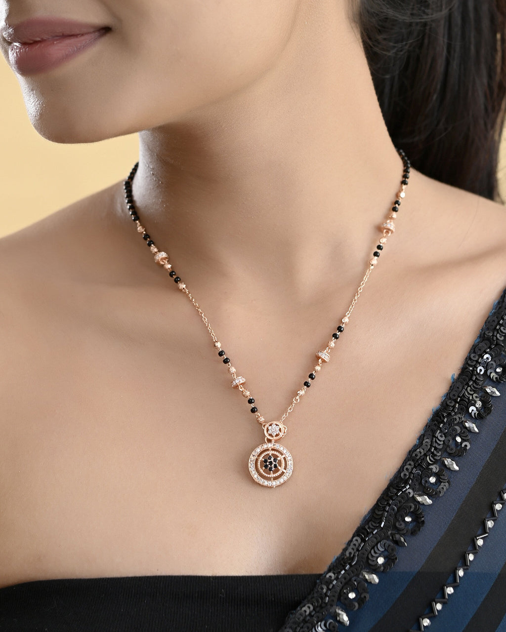 VOJ Rose Gold-Polished Stone Studded Circular Mangalsutra