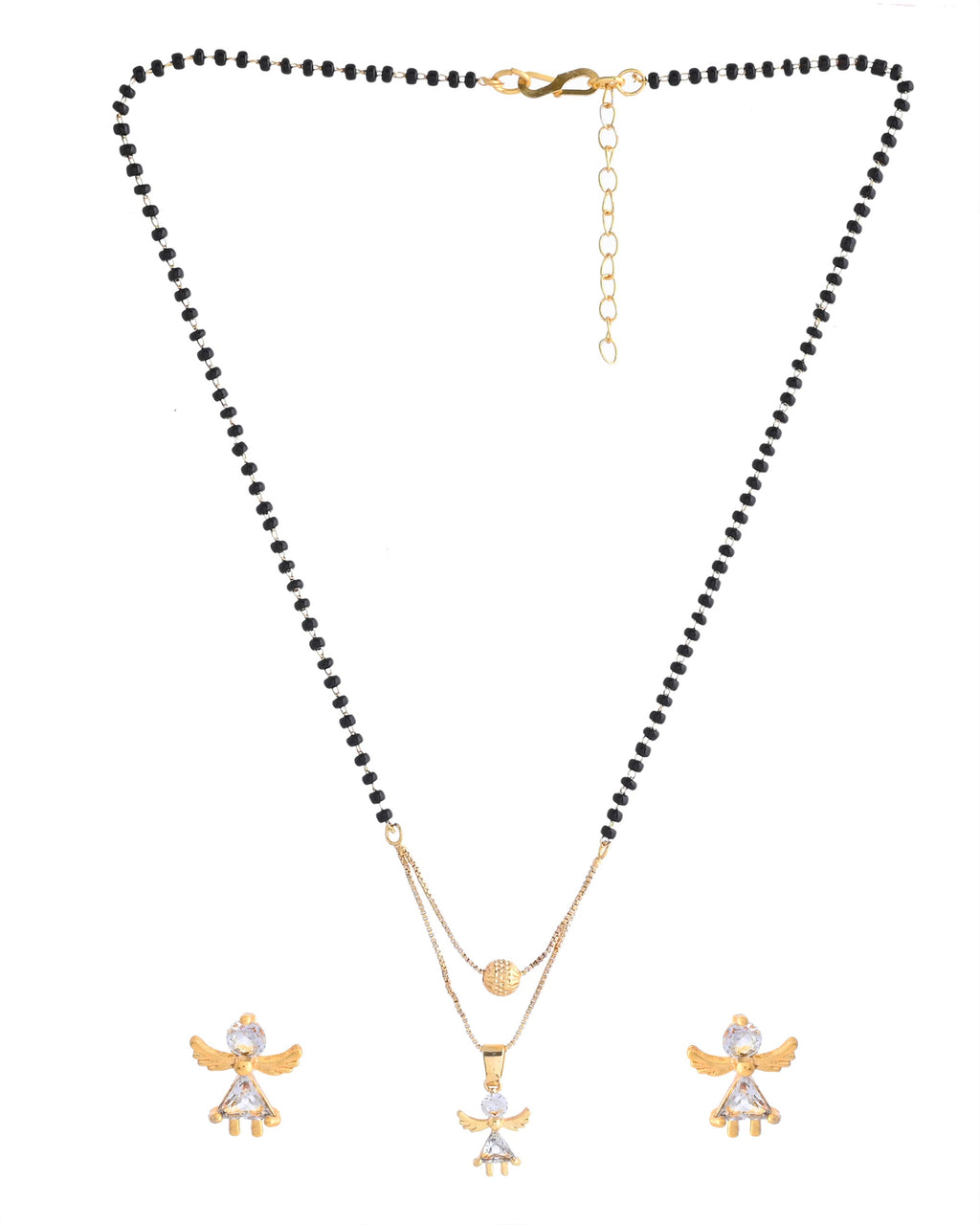 VOJ Gold-Polished Doll Shapped Stone Studded Mangalsutra With Earrings Set
