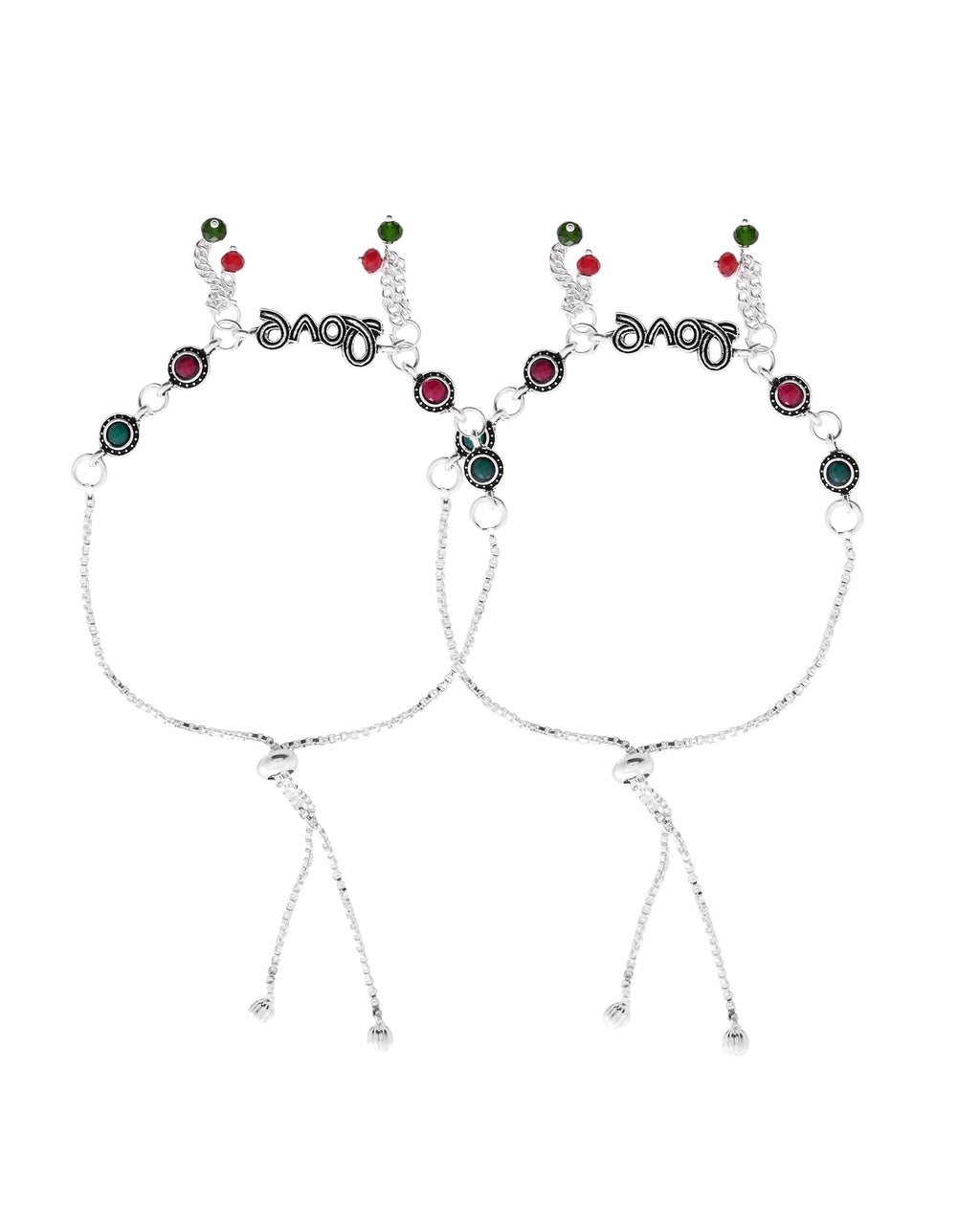 VOJ Set of 2 Silver Plated Love Meenakari Anklet