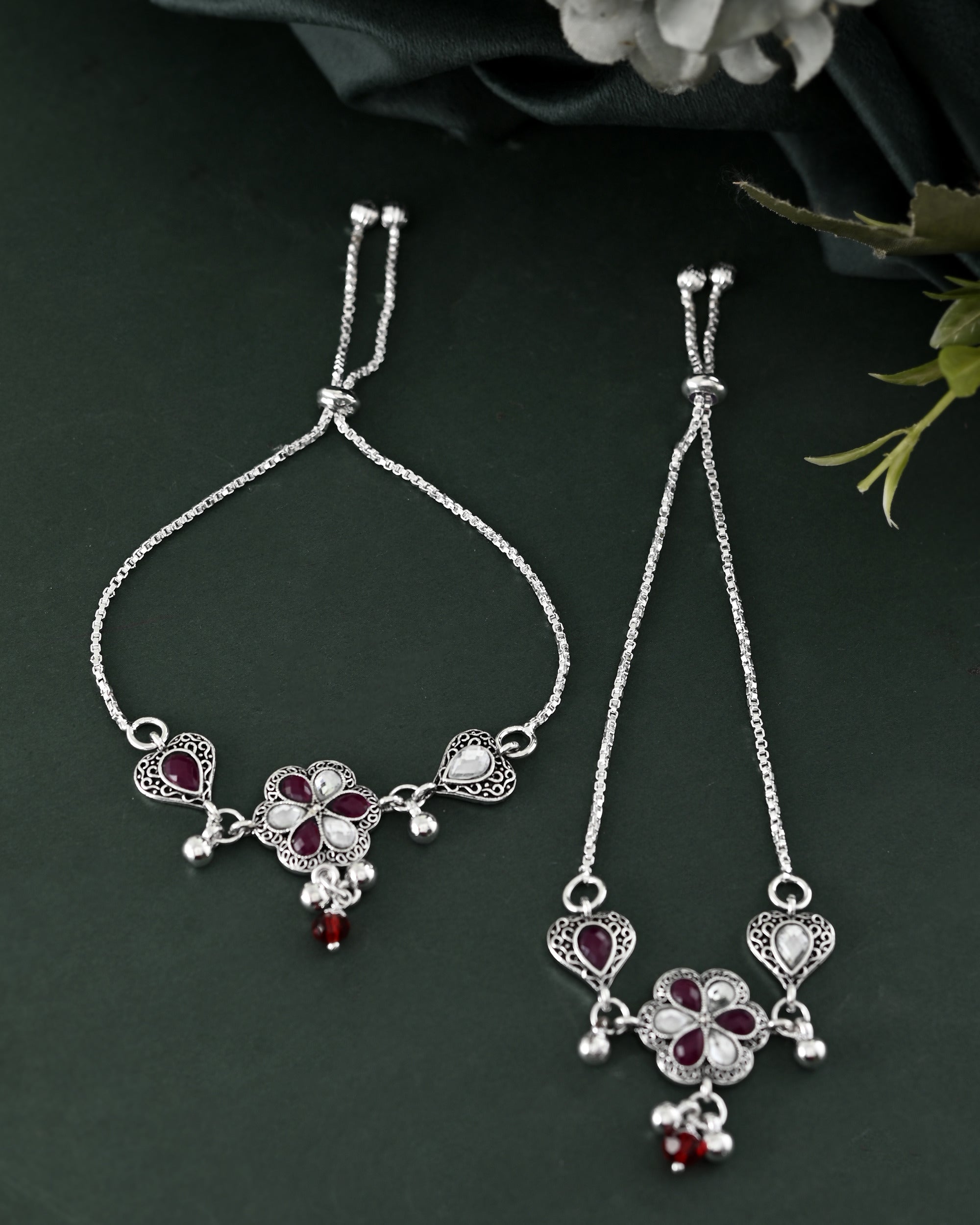 VOJ Set of 2 Silver Plated Floral Meenakari Anklet