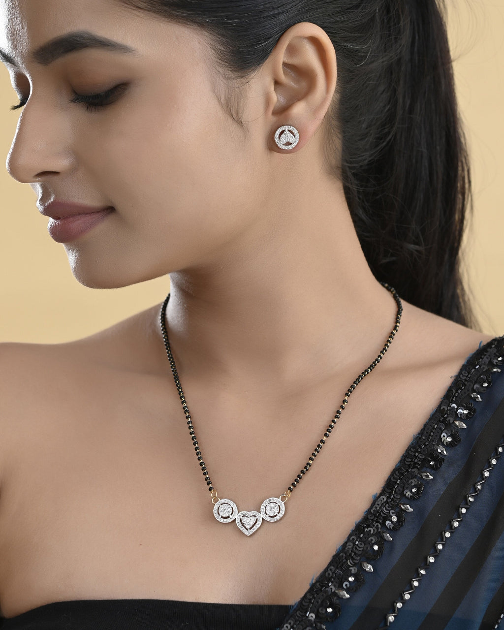 VOJ Gold Toned AD Stone Studded Heart Shape MangalSutra Set