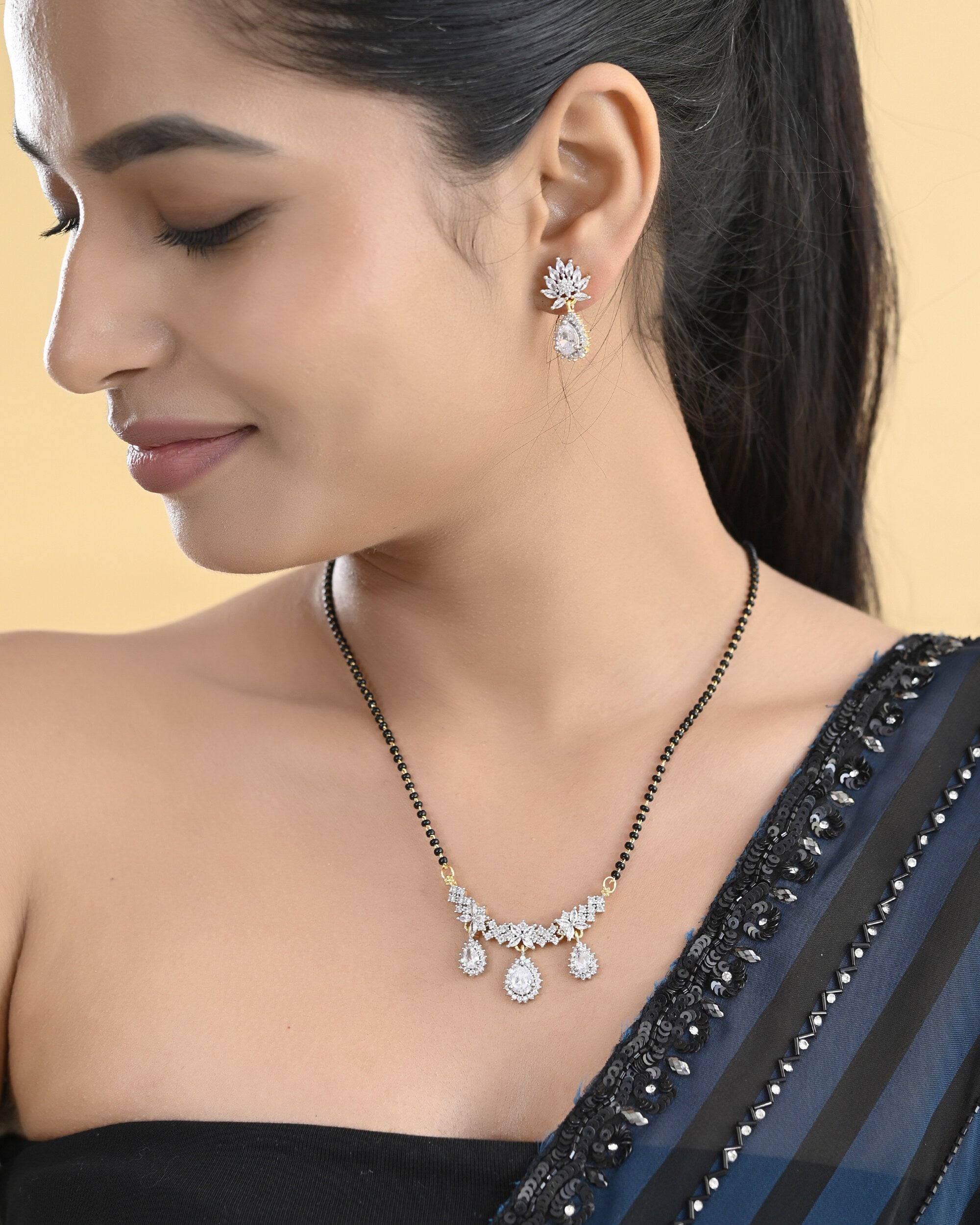 VOJ Gold Toned AD Stone Studded Tear Drop Design MangalSutra Set