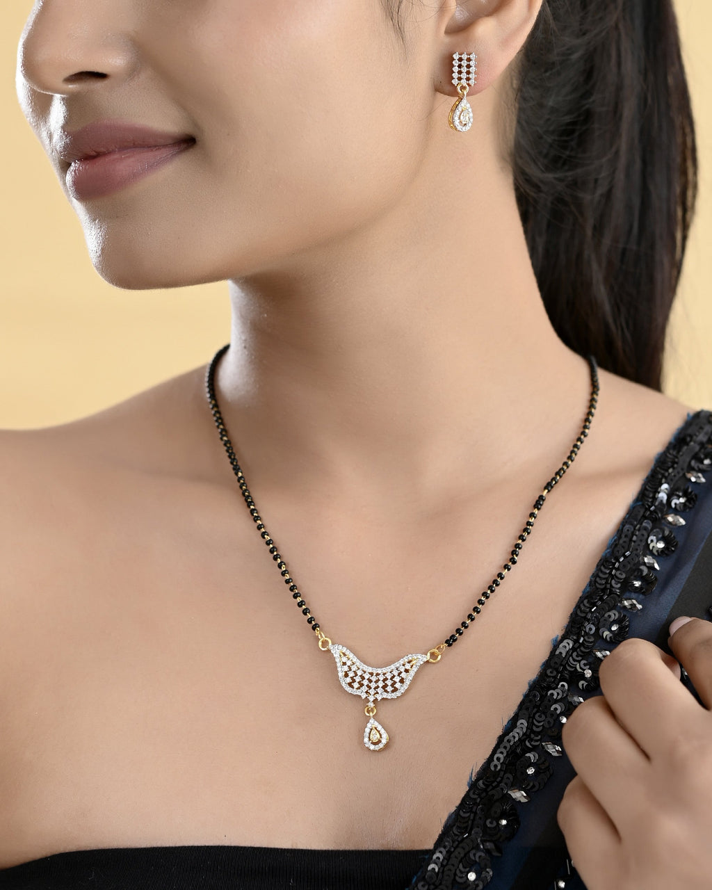 VOJ Gold-Polished Designer AD Mangalsutra Set