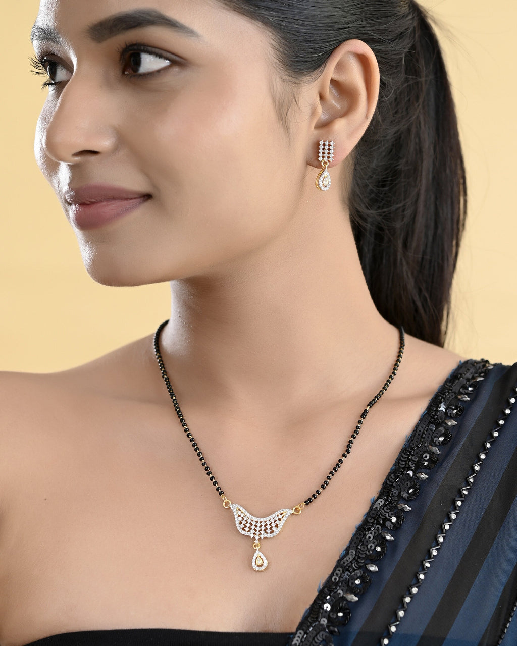 VOJ Gold-Polished Designer AD Mangalsutra Set