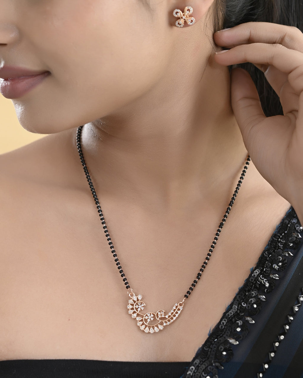 VOJ Rose Gold-Polished Stylish AD Mangalsutra Set