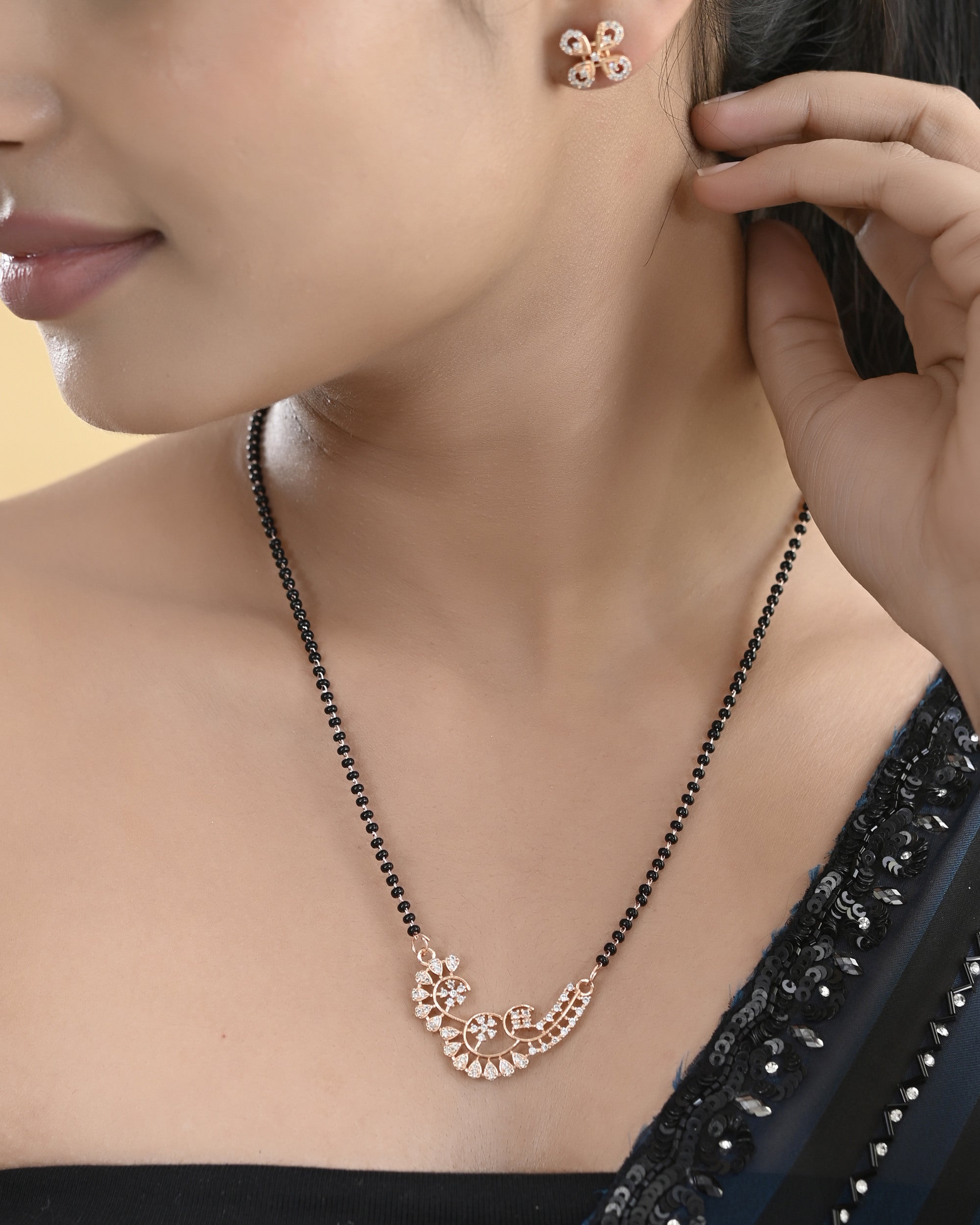 VOJ Rose Gold-Polished Stylish AD Mangalsutra Set