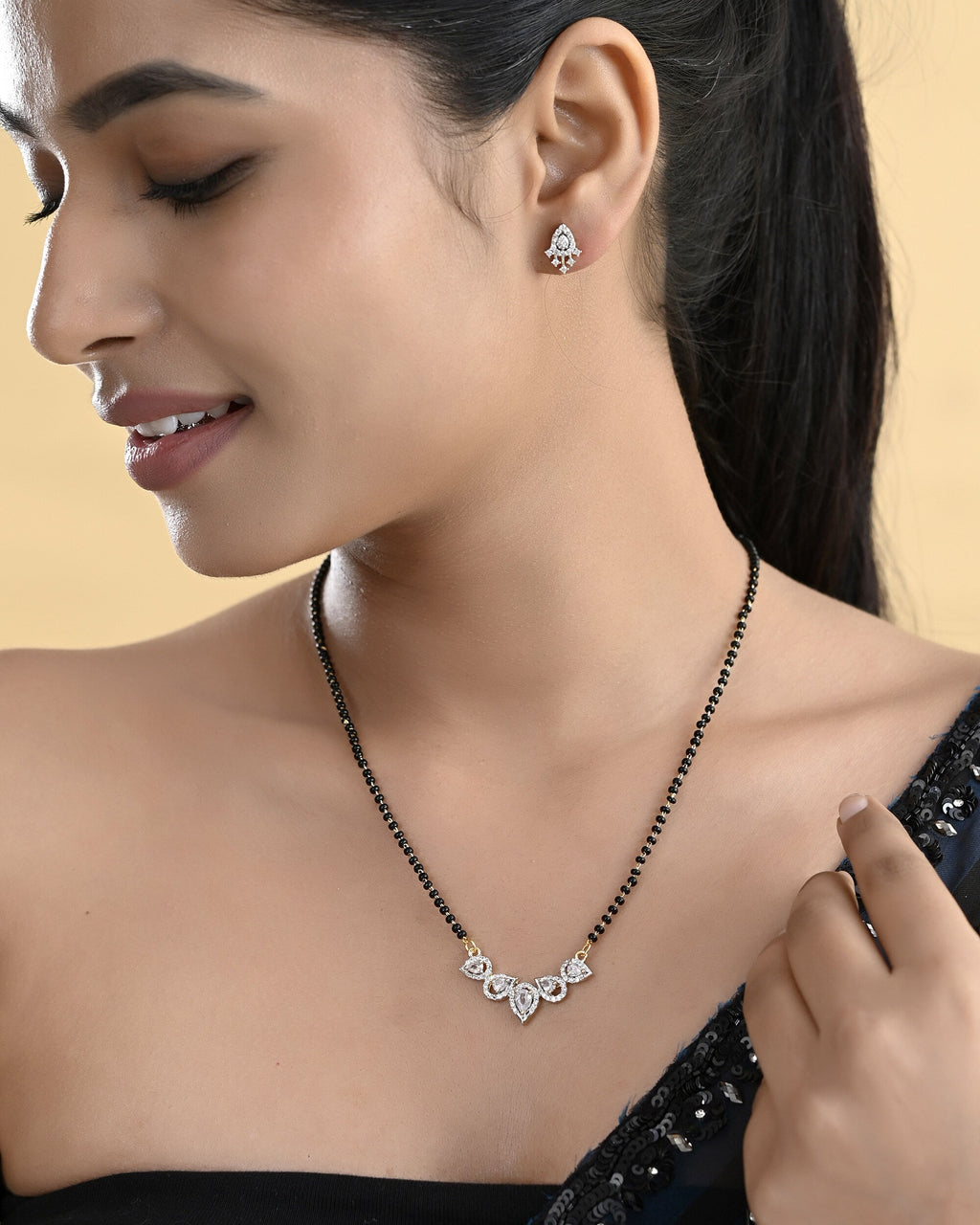 VOJ Gold-Polished Tear Drop Shape AD Mangalsutra Set