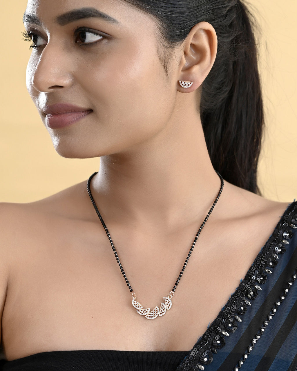 VOJ Rose Gold-Polished Semi Circle Shape AD Mangalsutra Set