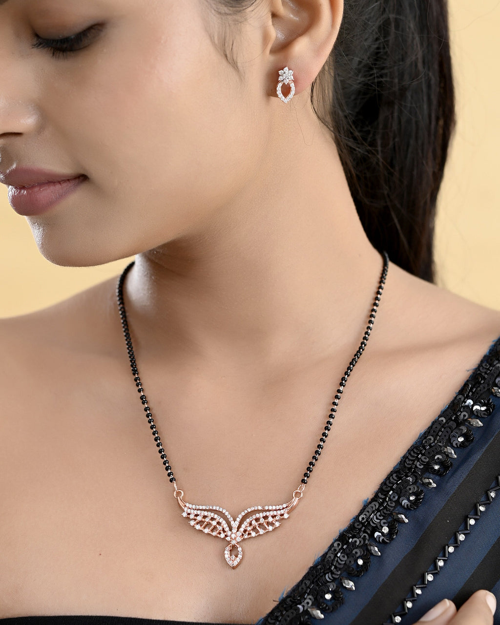 VOJ Rose Gold-Polished Elegent AD Mangalsutra Set