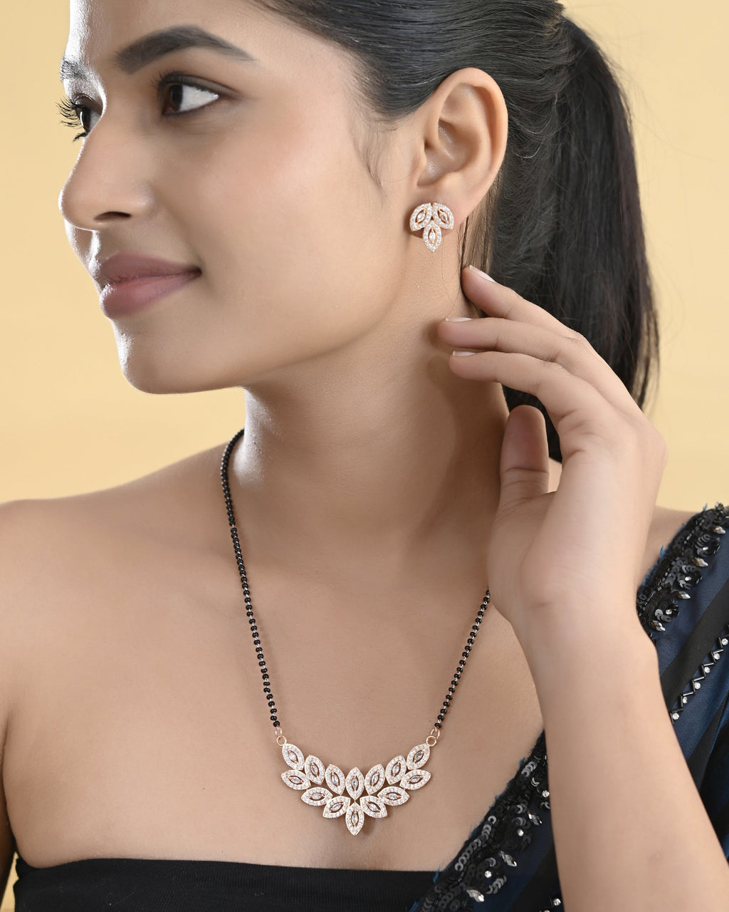 VOJ Gold-Polished Stylish Tear Drop AD Mangalsutra Set