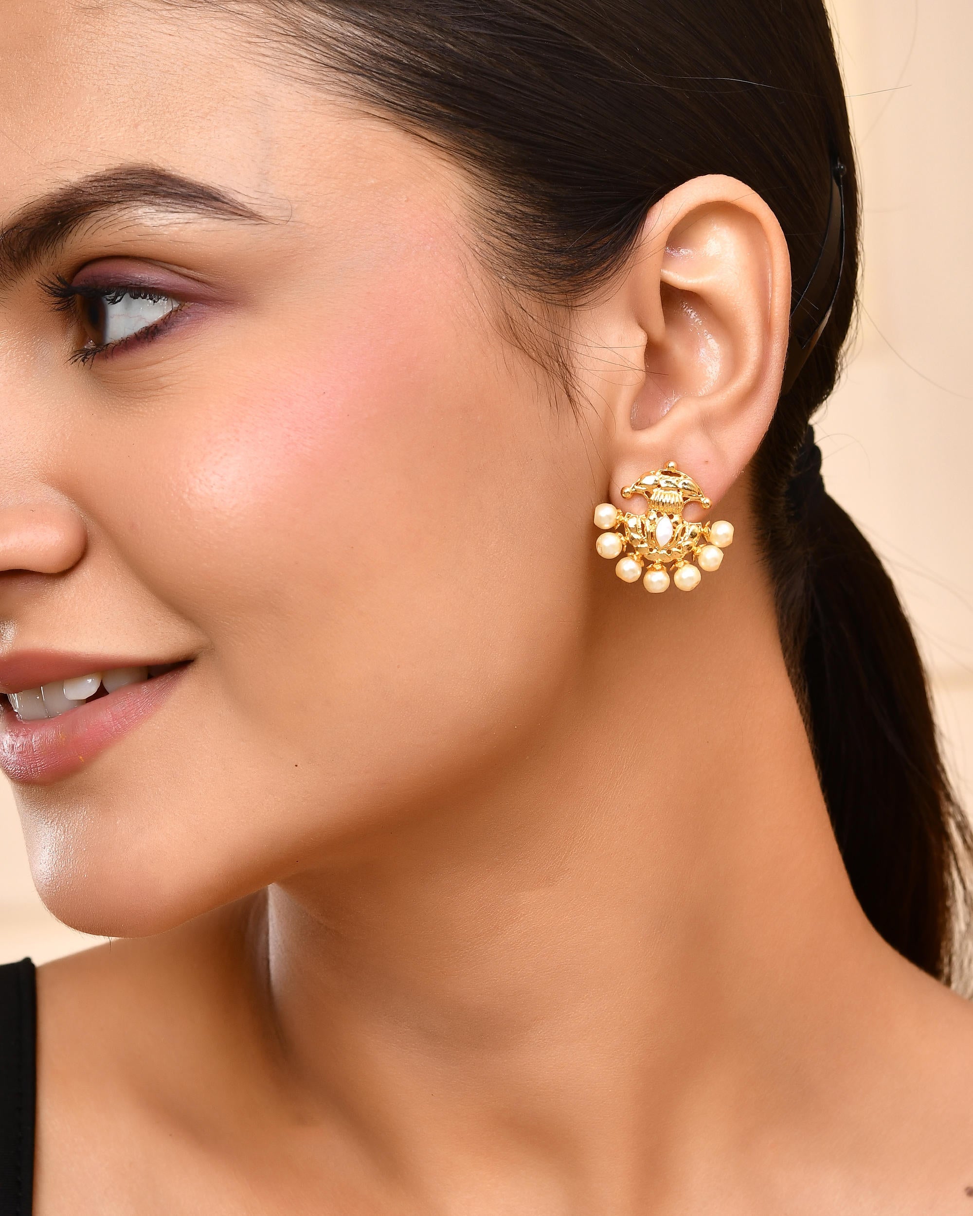 VOJ Gold-Polished Classic Pearl Studded Anti Tarnish Earrings