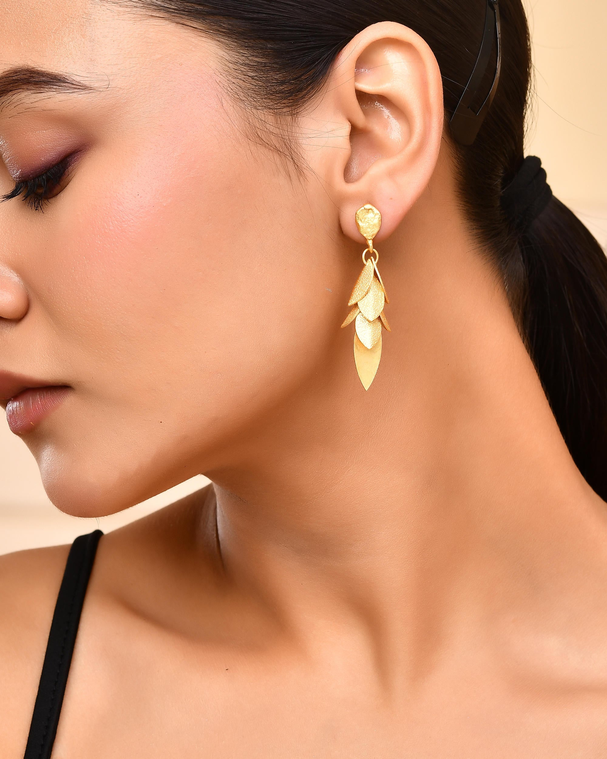 VOJ Gold-Toned Anti Tarnish Leafs Drop Earrings