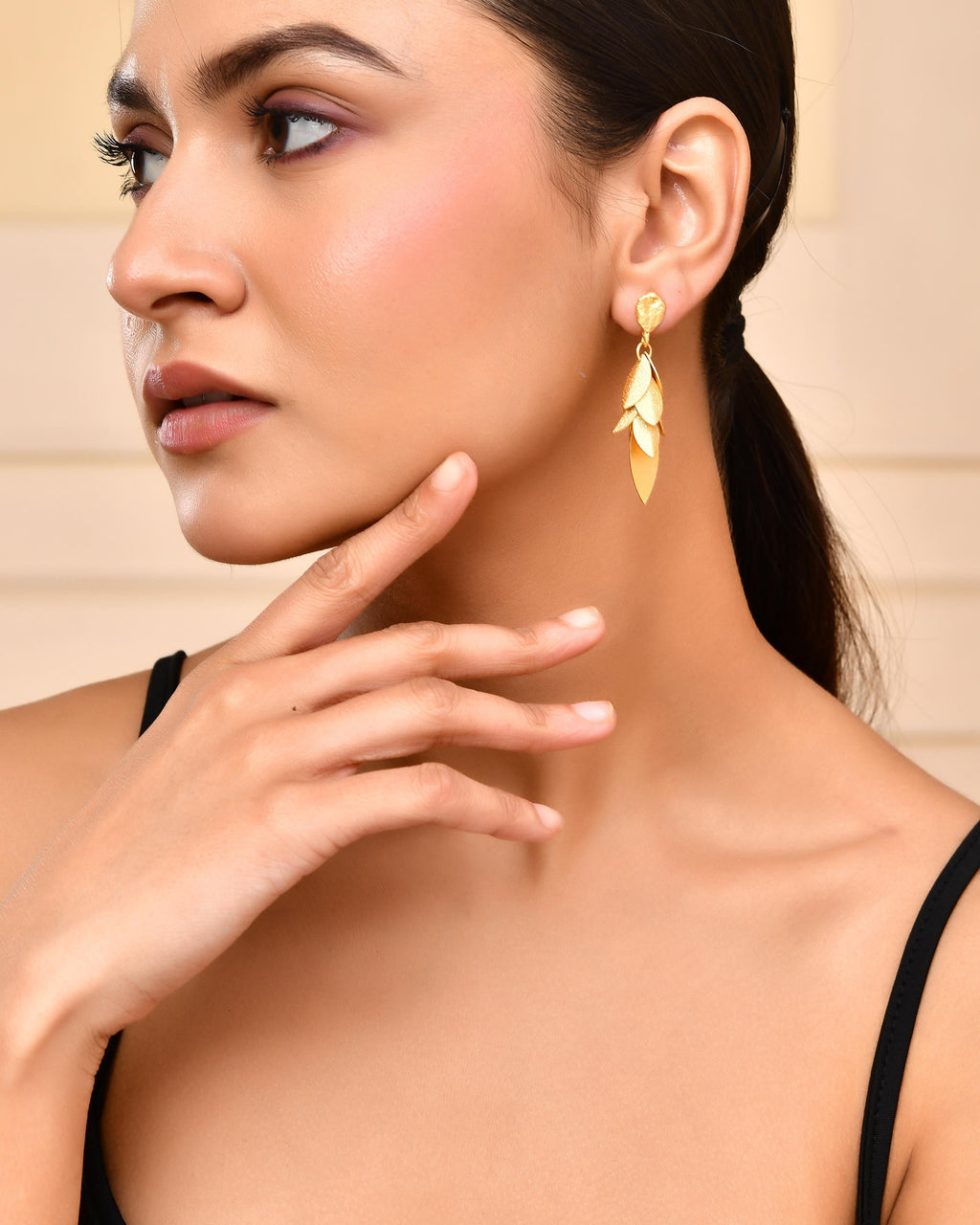 VOJ Gold-Toned Anti Tarnish Leafs Drop Earrings