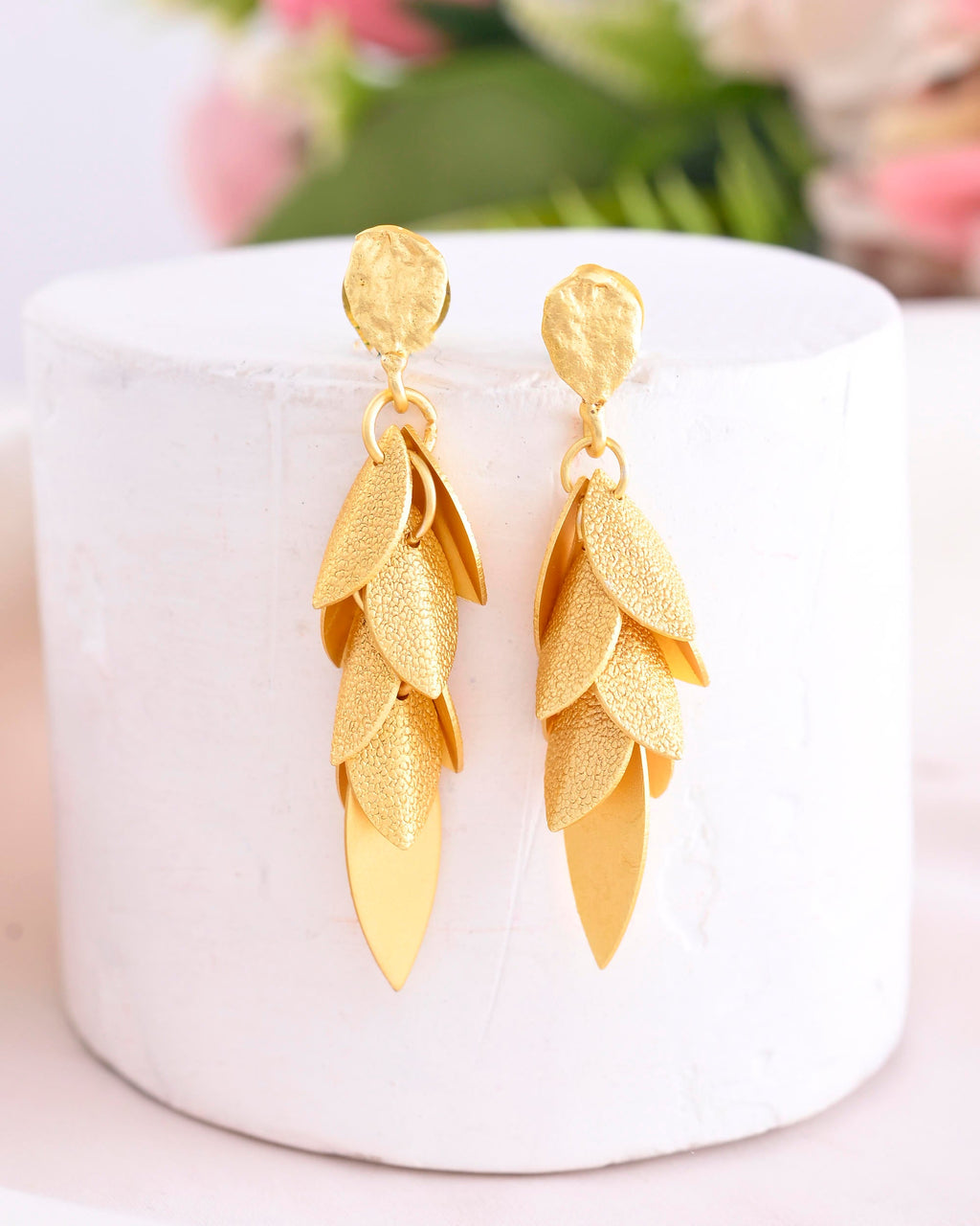 VOJ Gold-Toned Anti Tarnish Leafs Drop Earrings