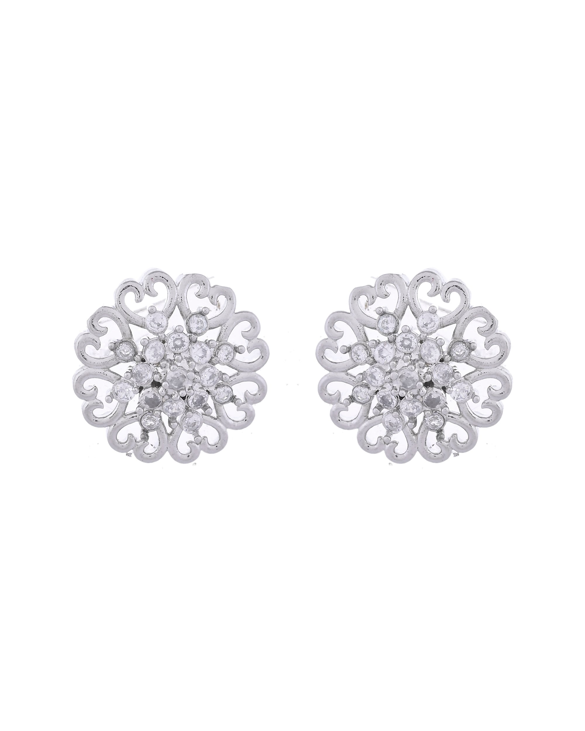 VOJ Silver Plated AD-Studded Flower Shape Stud Earrings