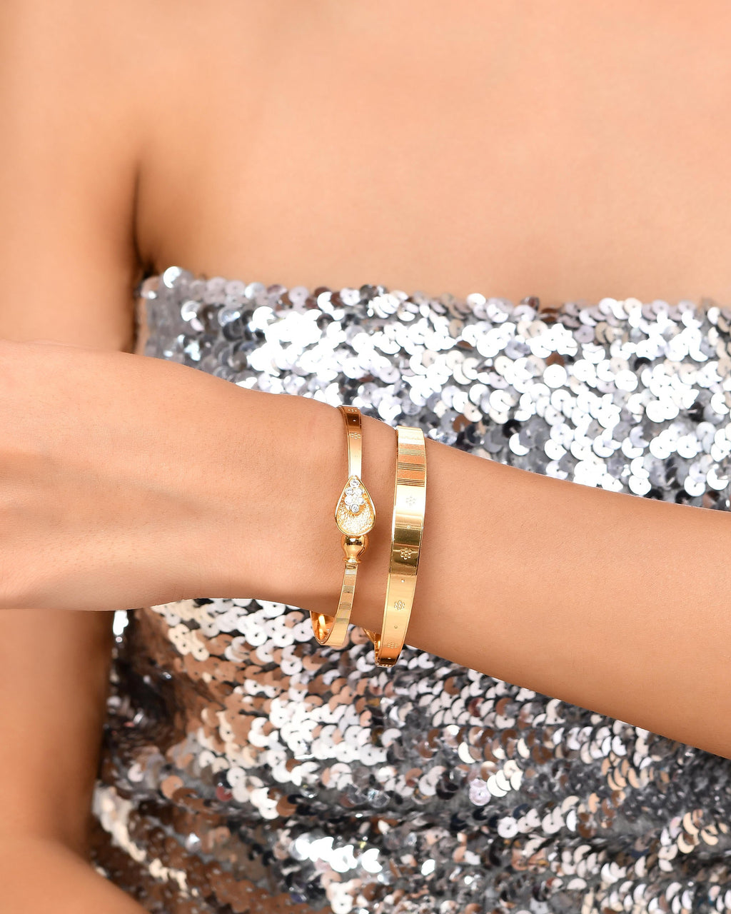 VOJ Set of 2 Gold-Polished Tear Drop Shaped Bangles