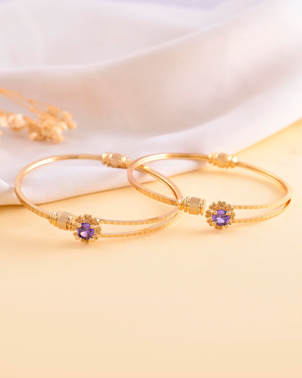 VOJ Set of 2 Gold-Polished Purple Stone Studded Bangles