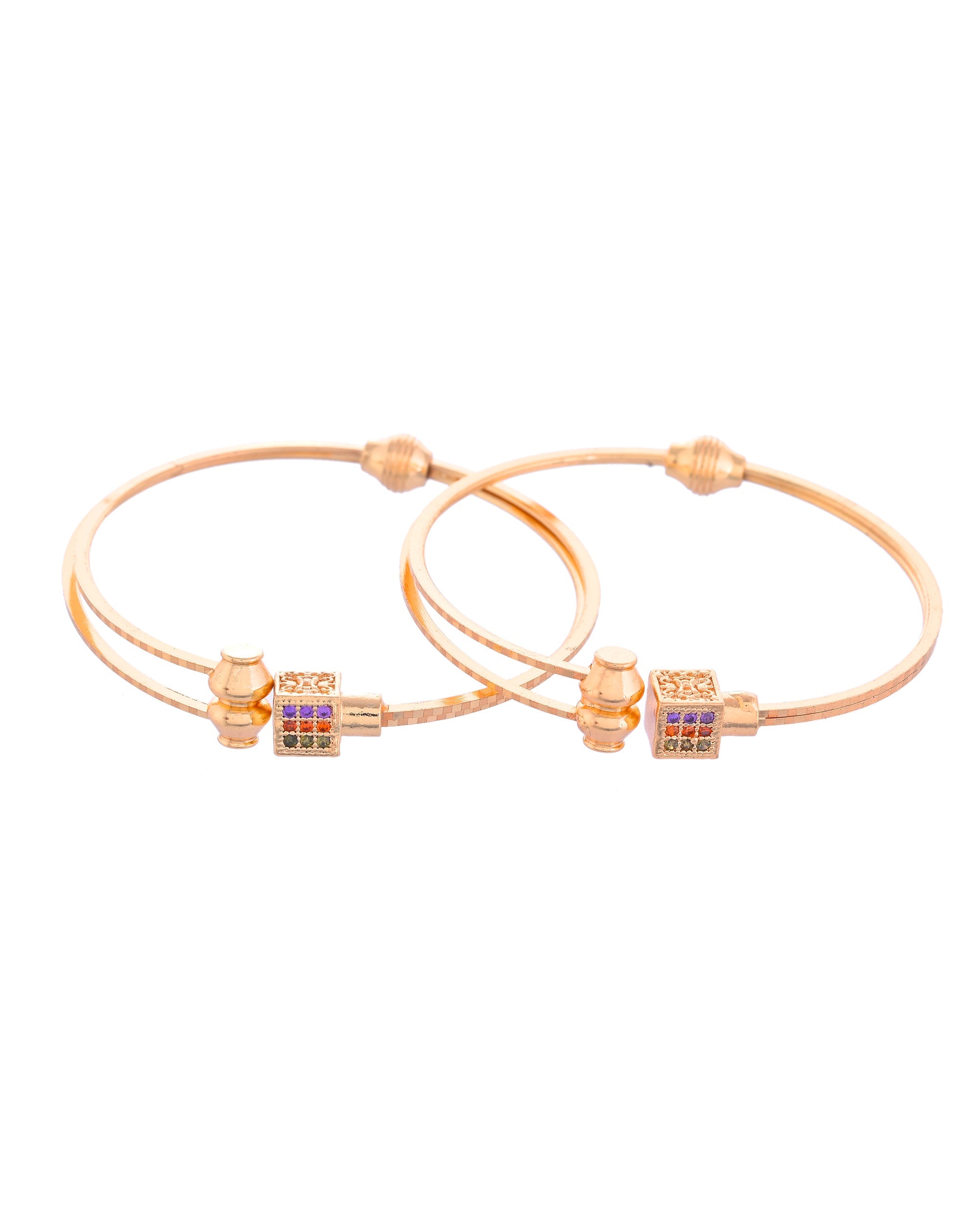 VOJ Set of 2 Gold-Polished Mutli Colour Stones Studded Square Shaped Bangles