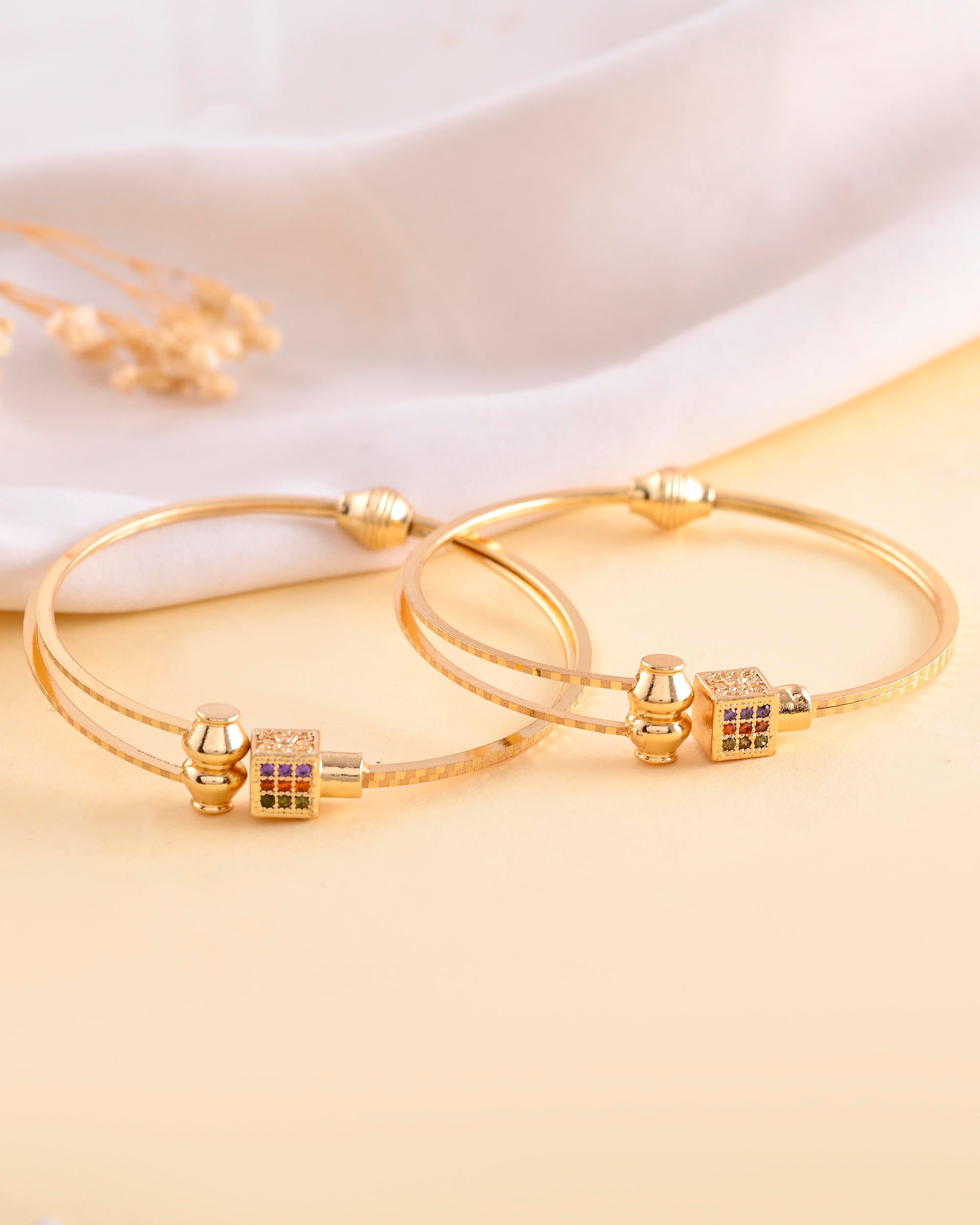 VOJ Set of 2 Gold-Polished Mutli Colour Stones Studded Square Shaped Bangles