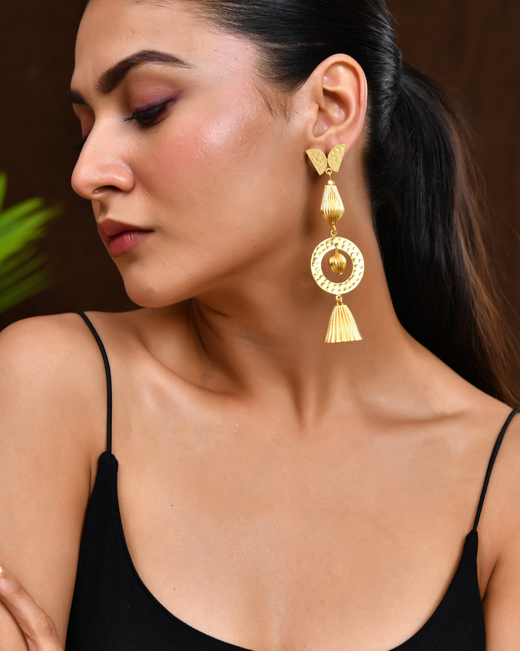 VOJ Gold Polished Designer Anti Tarnish Big Drop Earrings