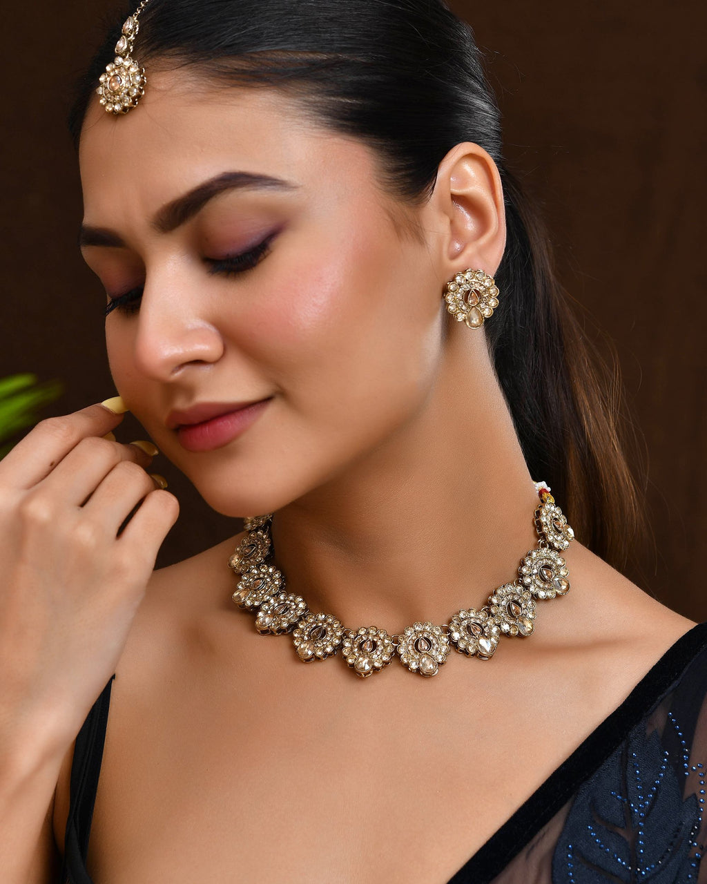 VOJ Copper Plated Stone Studded Circular Shaped Jewellery Set With Maang Tikka