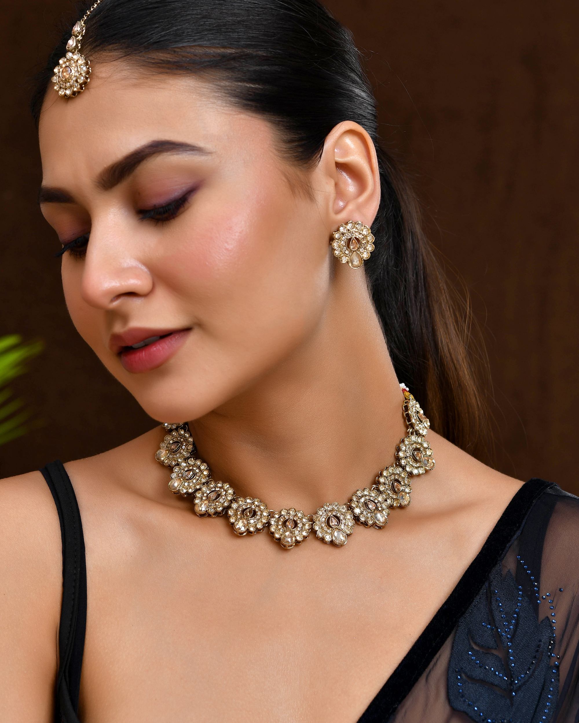 VOJ Copper Plated Stone Studded Circular Shaped Jewellery Set With Maang Tikka