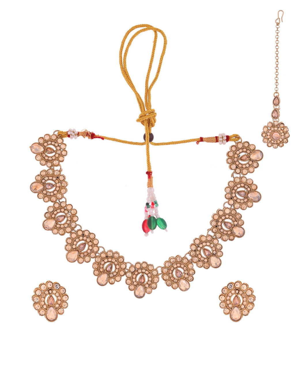 VOJ Copper Plated Stone Studded Circular Shaped Jewellery Set With Maang Tikka