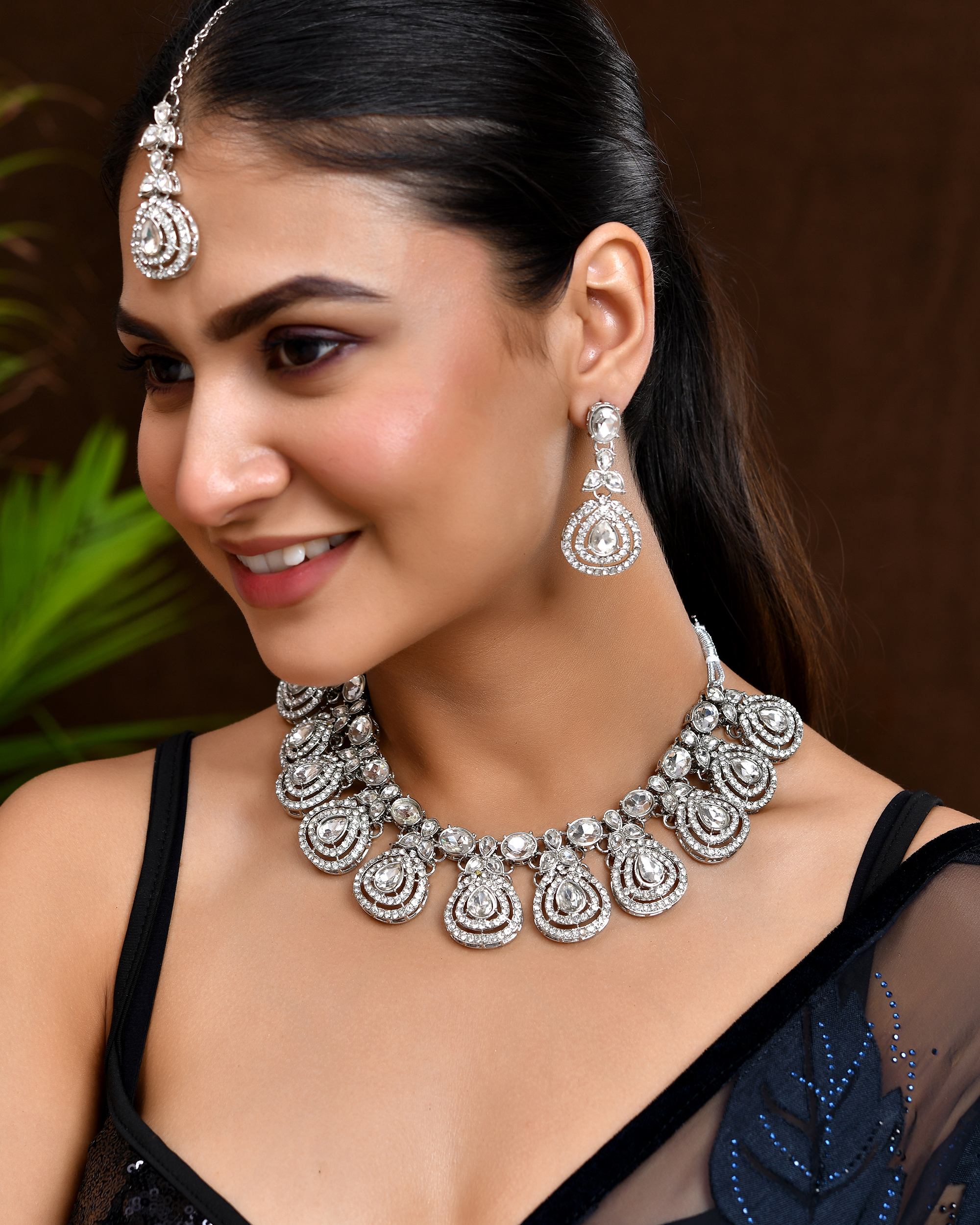 VOJ Silver-Plated CZ Studded Jewellery Set With Maang Tikka