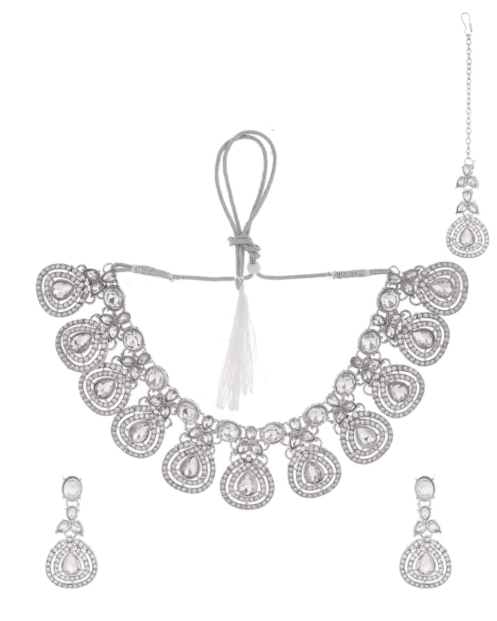 VOJ Silver-Plated CZ Studded Jewellery Set With Maang Tikka