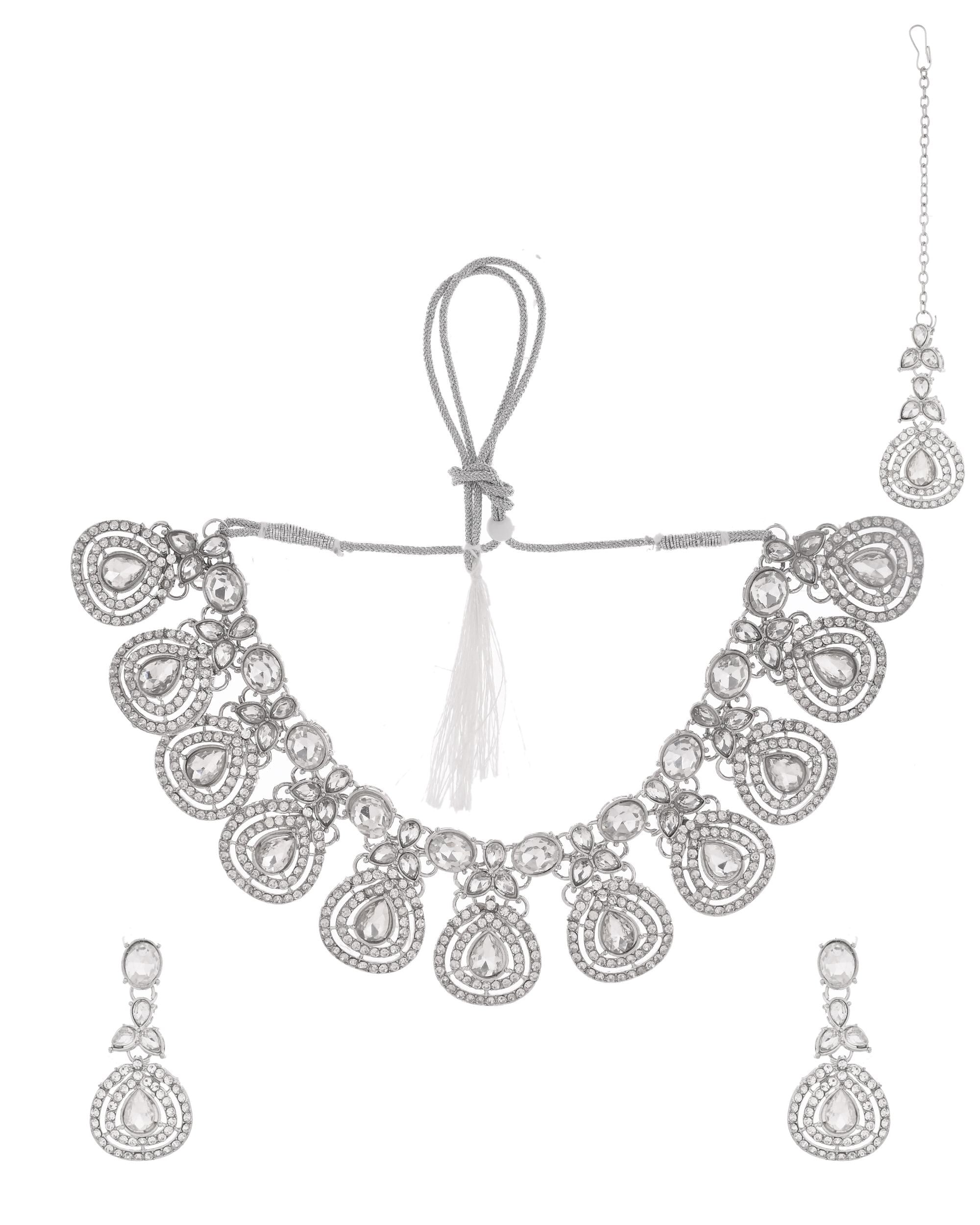VOJ Silver-Plated CZ Studded Jewellery Set With Maang Tikka