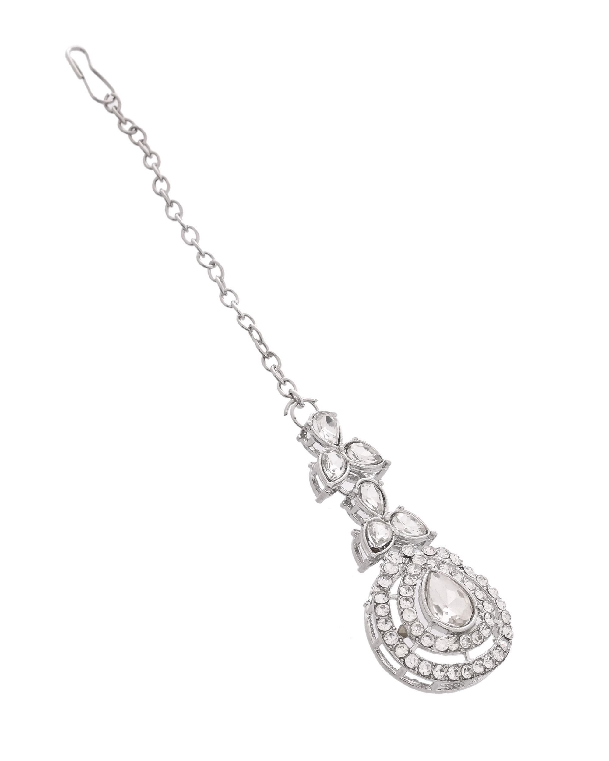VOJ Silver-Plated CZ Studded Jewellery Set With Maang Tikka
