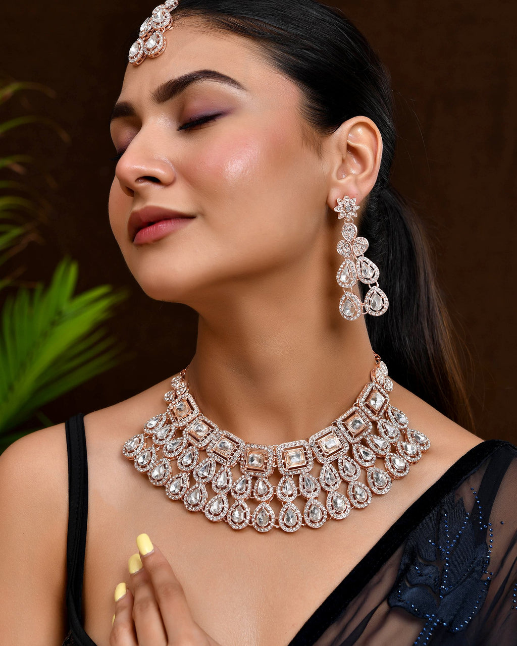 VOJ Rose Gold-Polished CZ Studded Jewellery Set With Maang Tikka