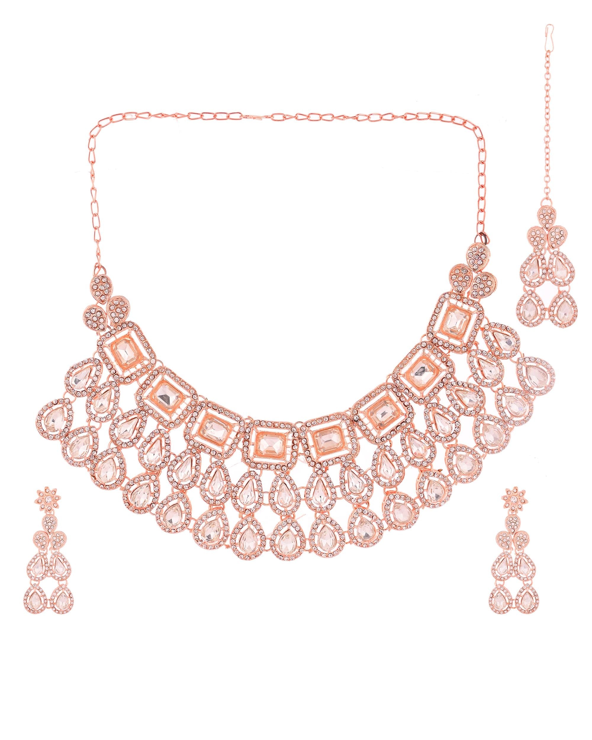 VOJ Rose Gold-Polished CZ Studded Jewellery Set With Maang Tikka