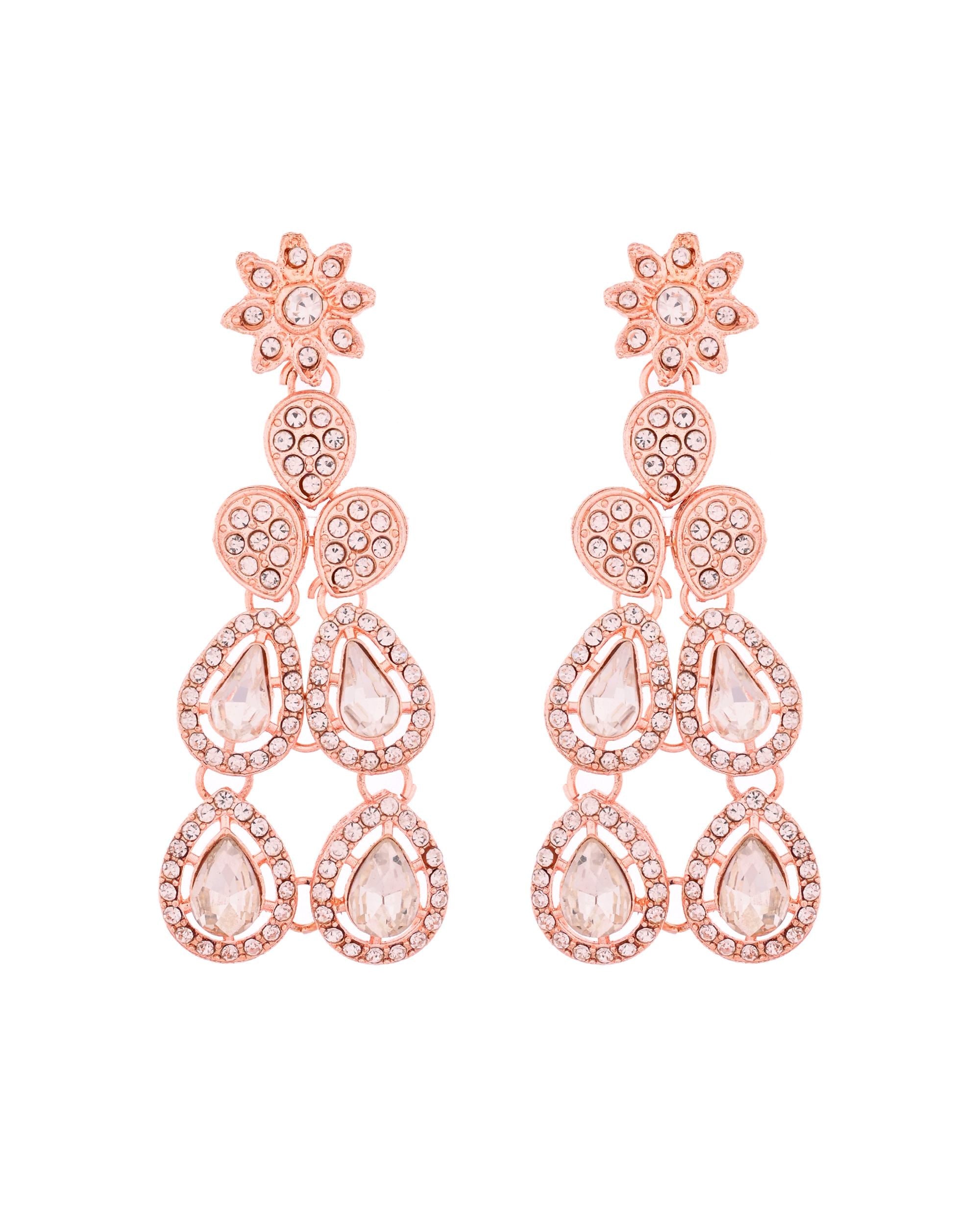 VOJ Rose Gold-Polished CZ Studded Jewellery Set With Maang Tikka