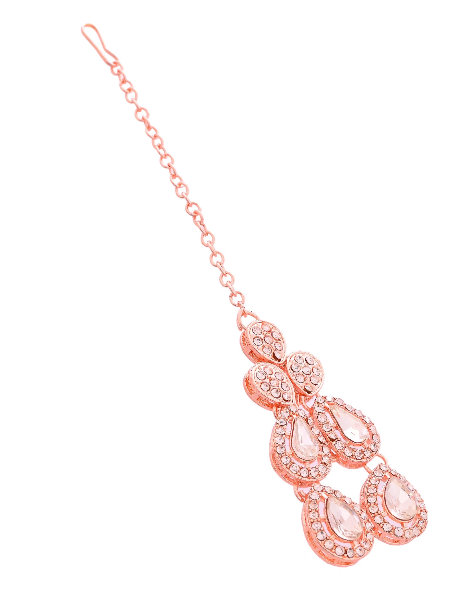 VOJ Rose Gold-Polished CZ Studded Jewellery Set With Maang Tikka