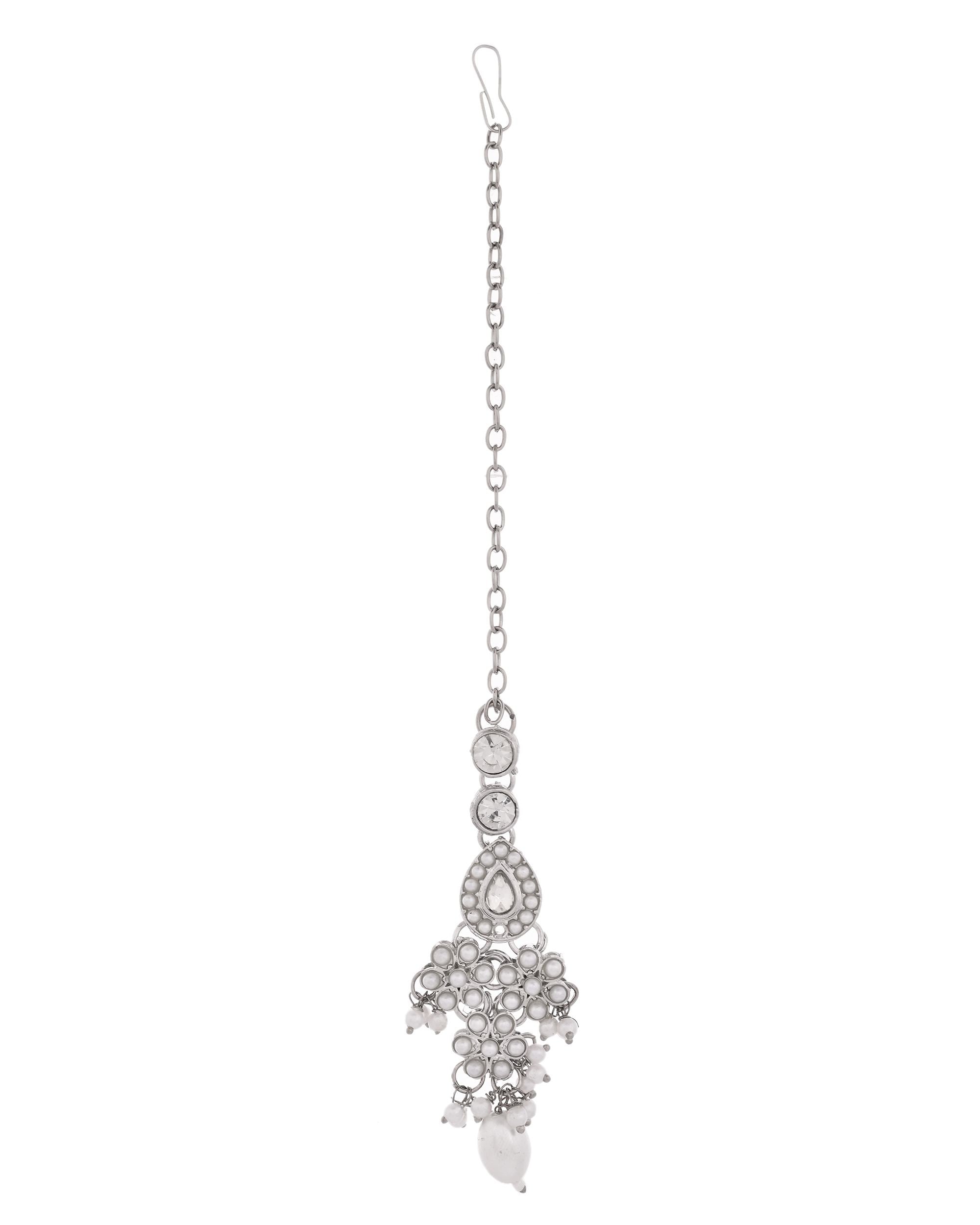 VOJ Silver-Plated CZ Stone And Pearl Necklace With Earrings And Maang Tikka Set