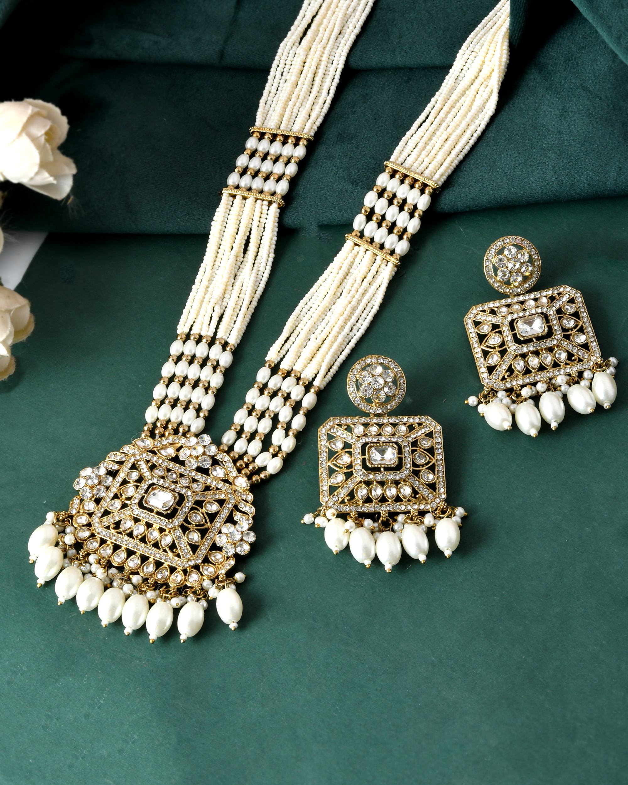 VOJ Copper-Toned Artificial Stone Studded Geometrical Long Necklace And Earrings Set