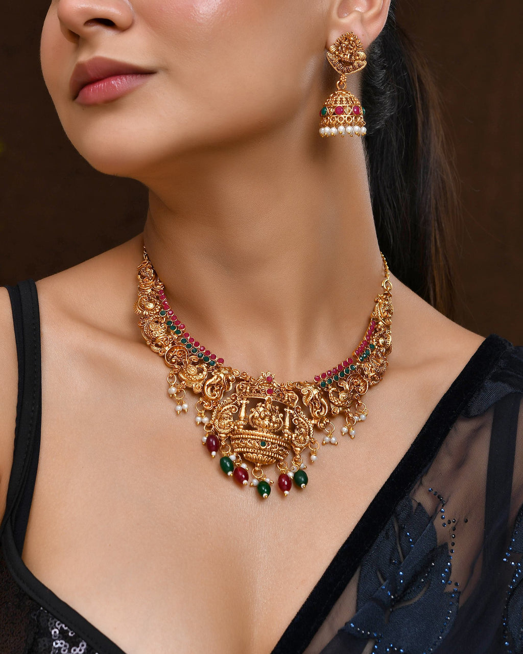 VOJ Gold Polished Beaded Temple Jewellery Set