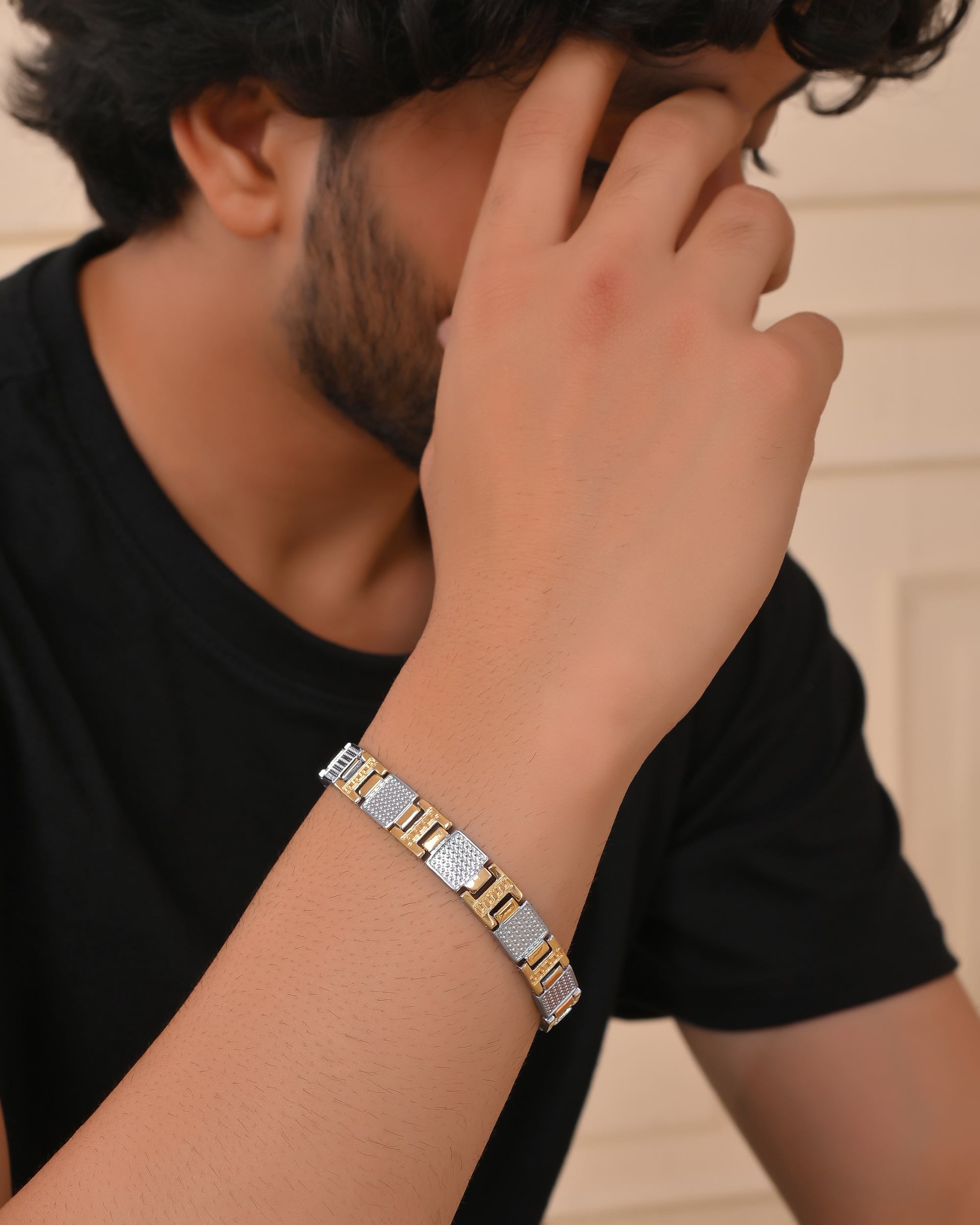 VOJ Men Dual-Toned Stainless Steel Textured Chain Bracelet