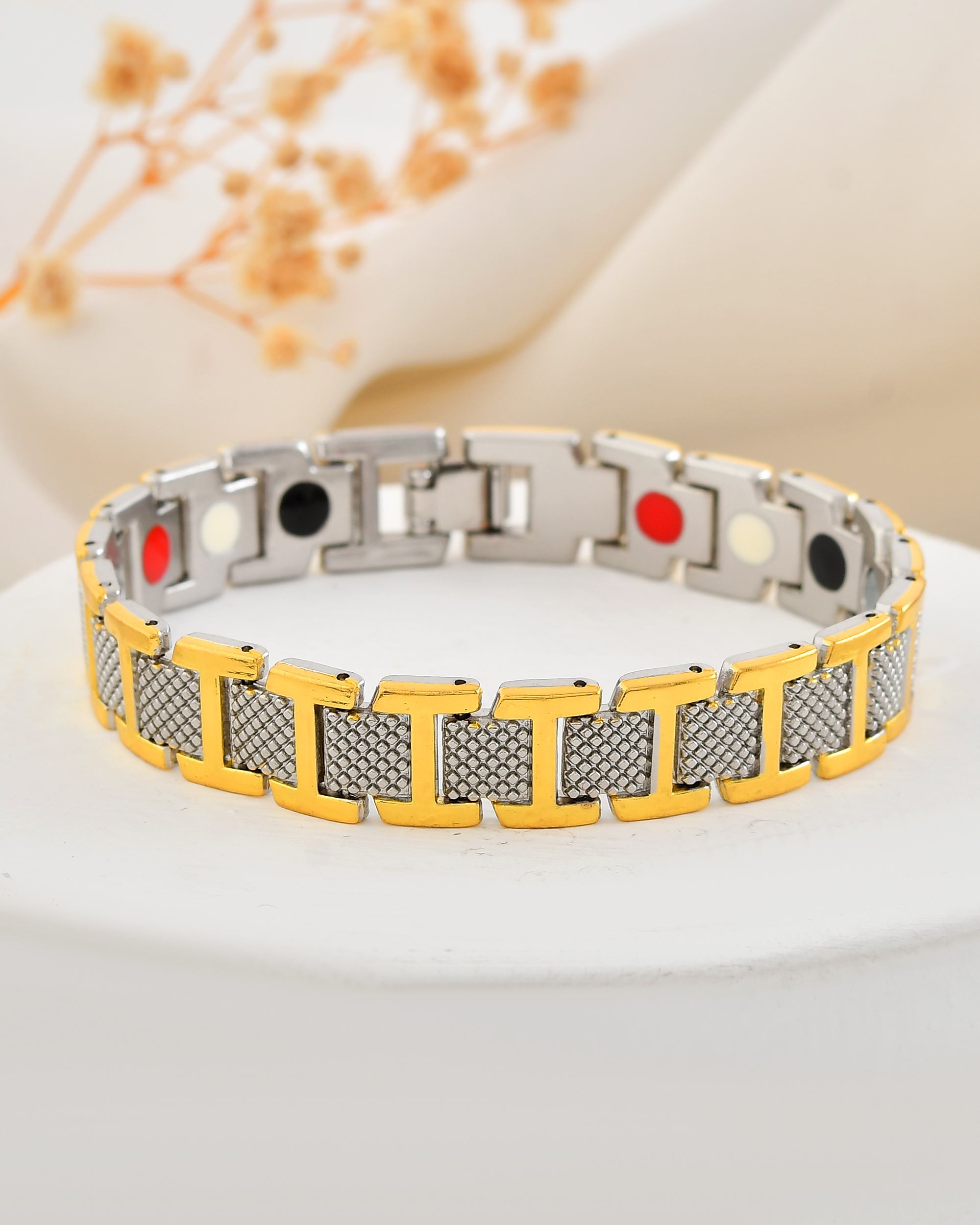 VOJ Silver And Gold Polished Stylish Geometrical Shaped Men's Bracelet