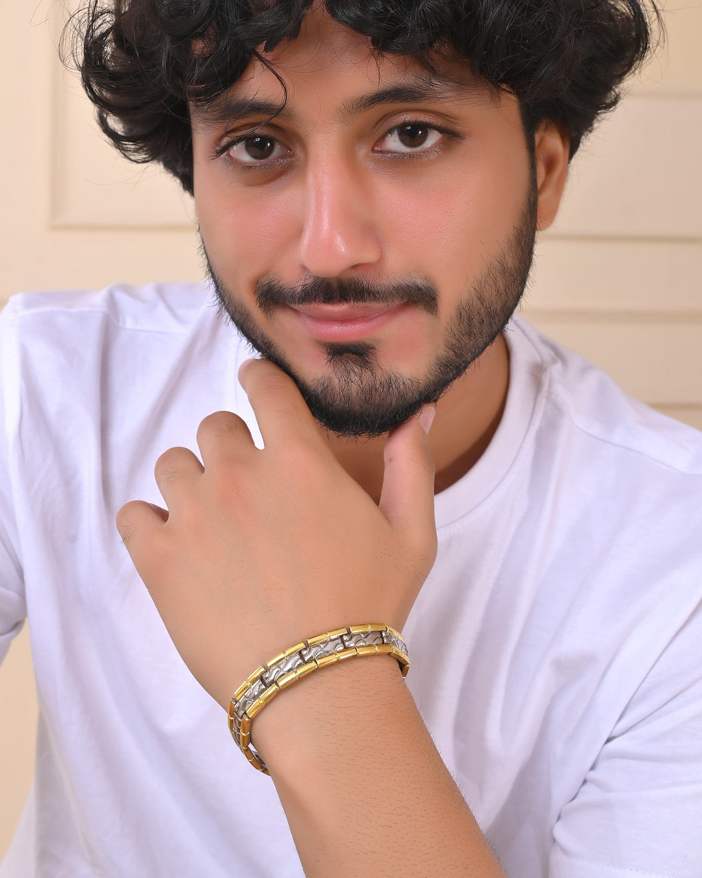 VOJ Silver And Gold Polished Textural Designed Linked Shaped Men's Bracelet