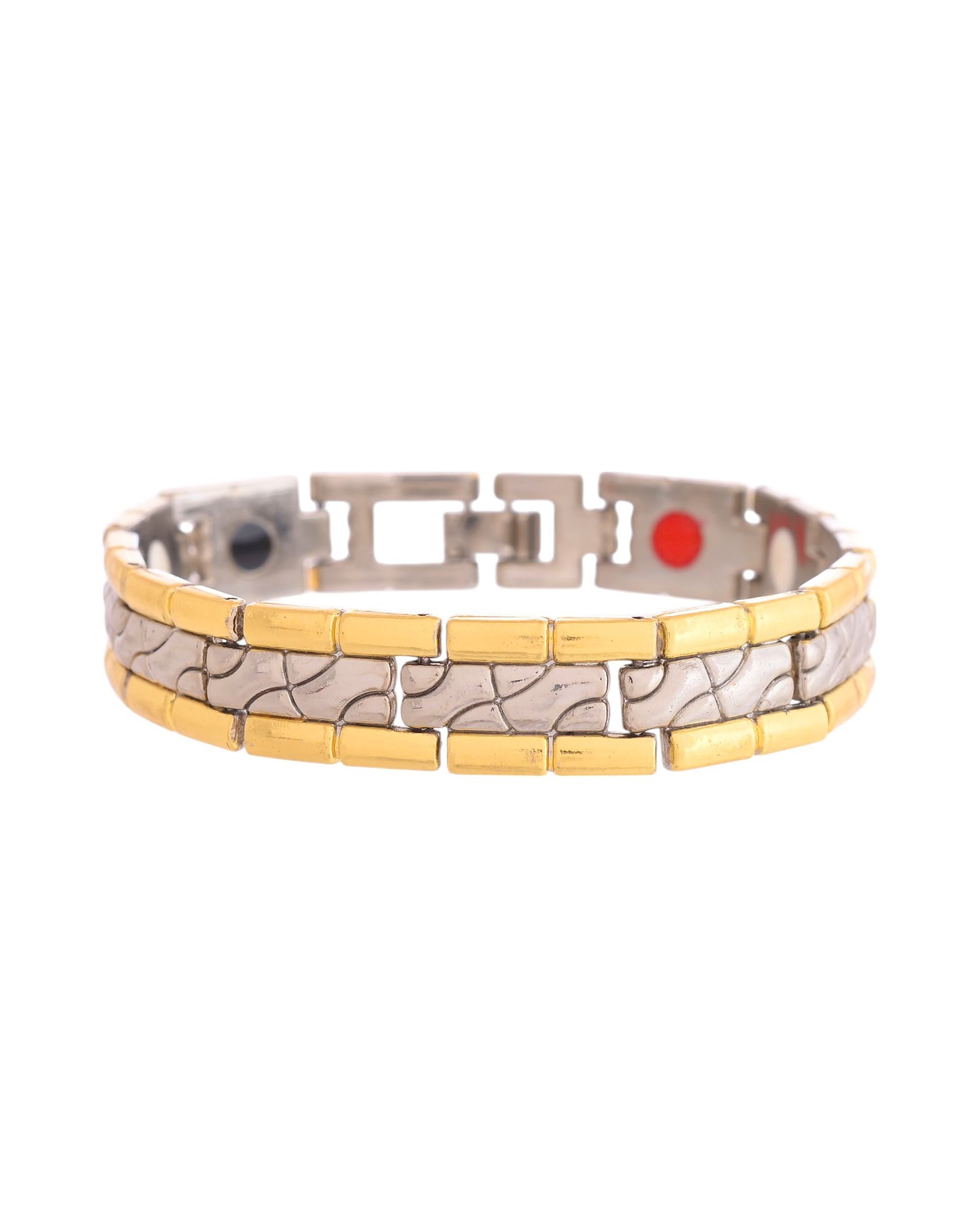 VOJ Silver And Gold Polished Textural Designed Linked Shaped Men's Bracelet