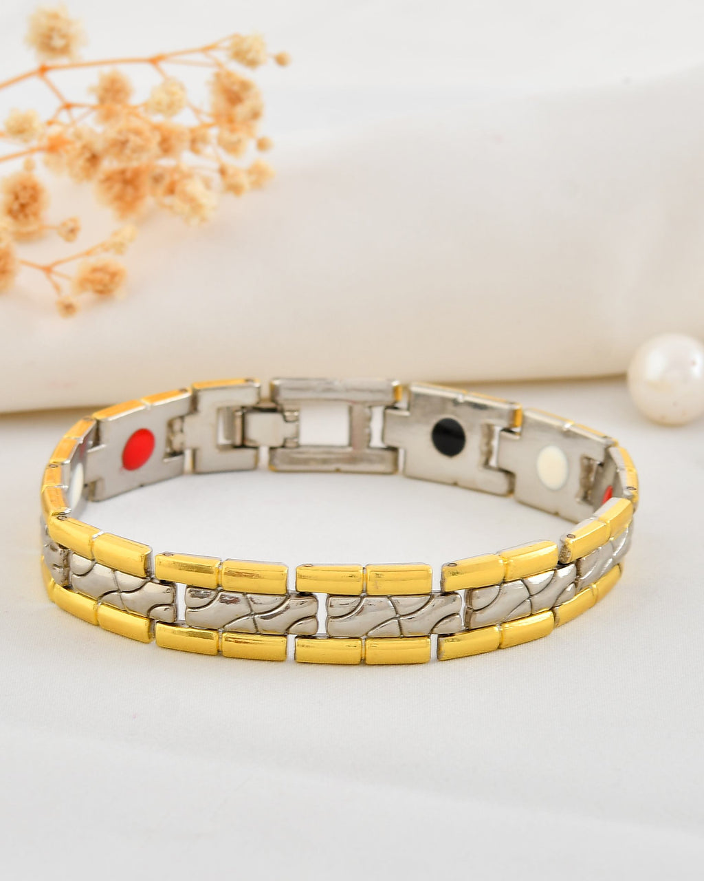 VOJ Silver And Gold Polished Textural Designed Linked Shaped Men's Bracelet