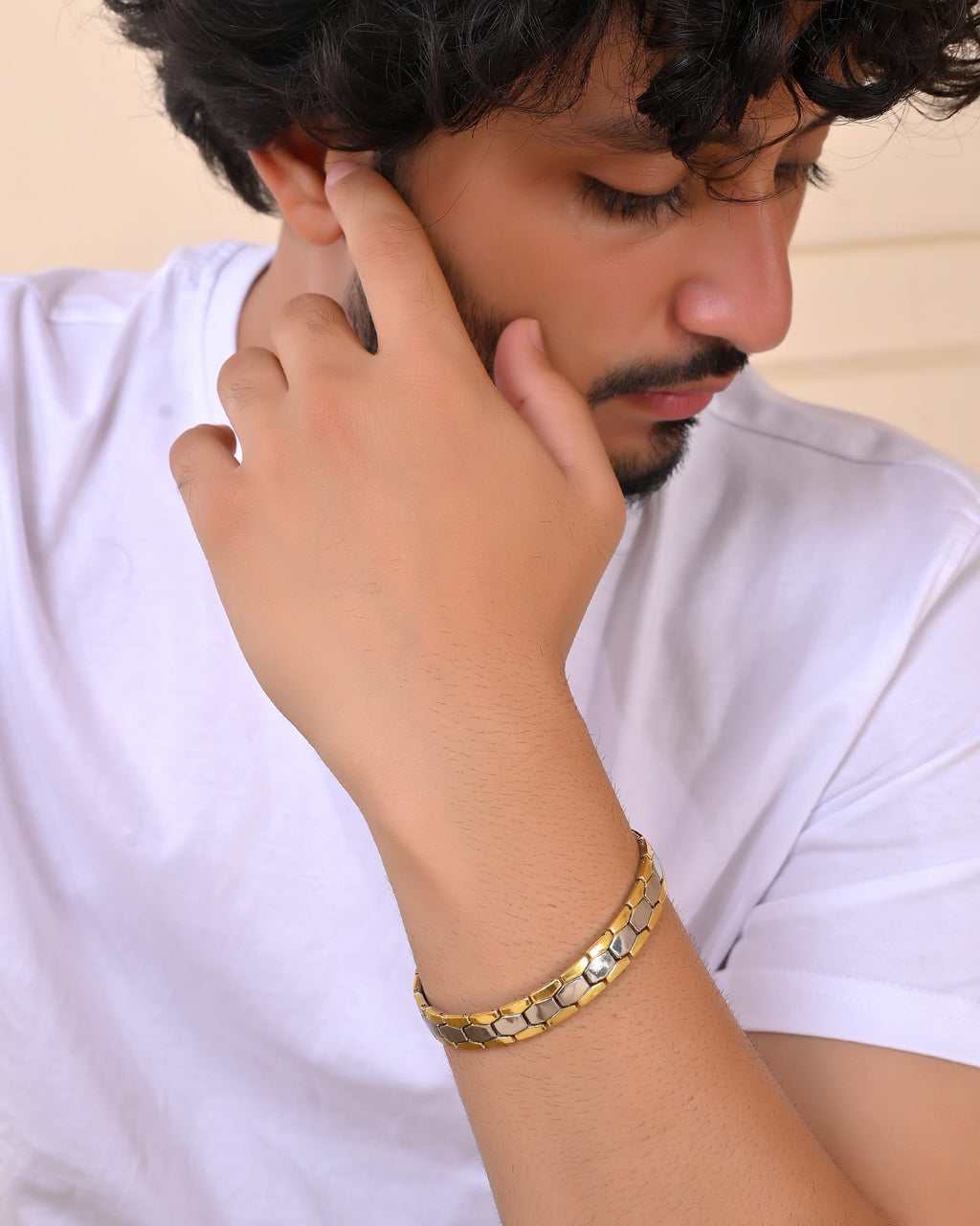 VOJ Silver And Gold Polished Minimal Geometrical Shaped Men's Bracelet