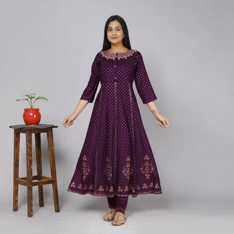 Alvano Women' Stylish Anarkali Kurta with Pant and Dupatta for Women and Girls Rayon (Wine)
