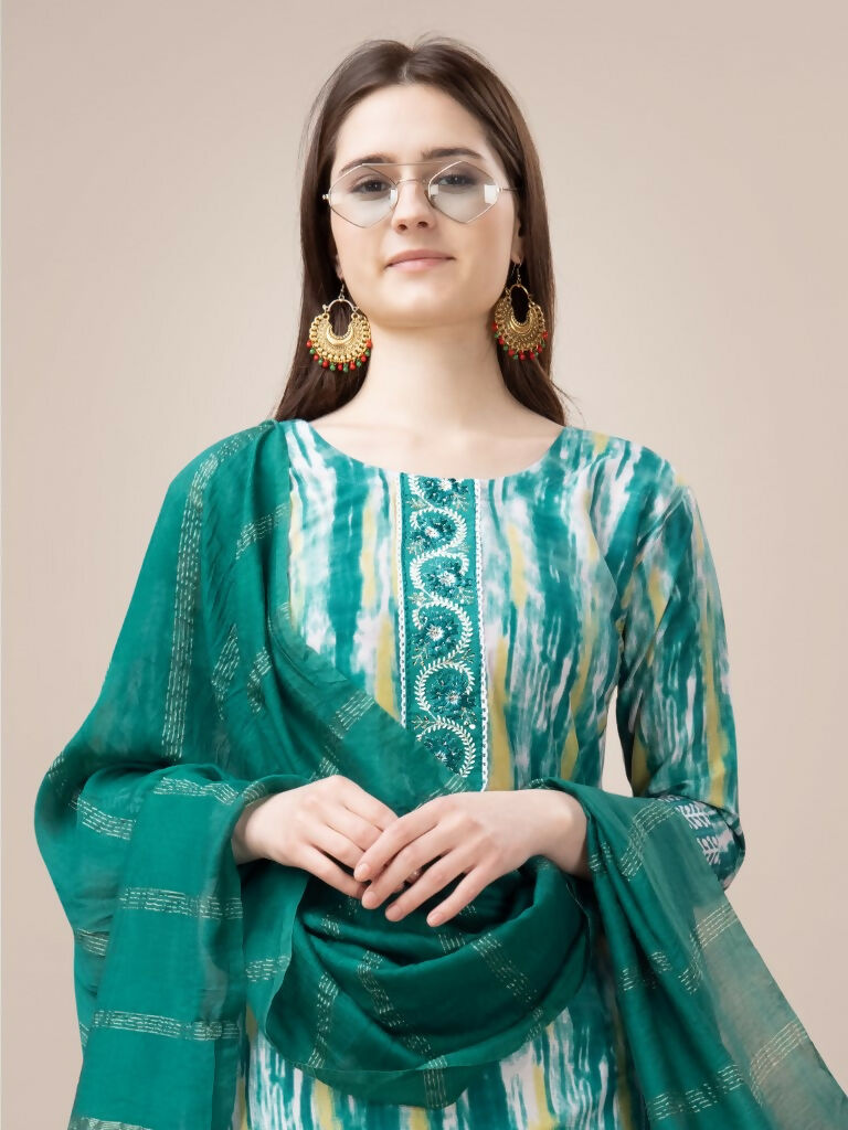 Jyoti Fashion Women's Teal Rayon Print with Embroidery & Fancy Lace Work Kurta with Trouser & Dupatta