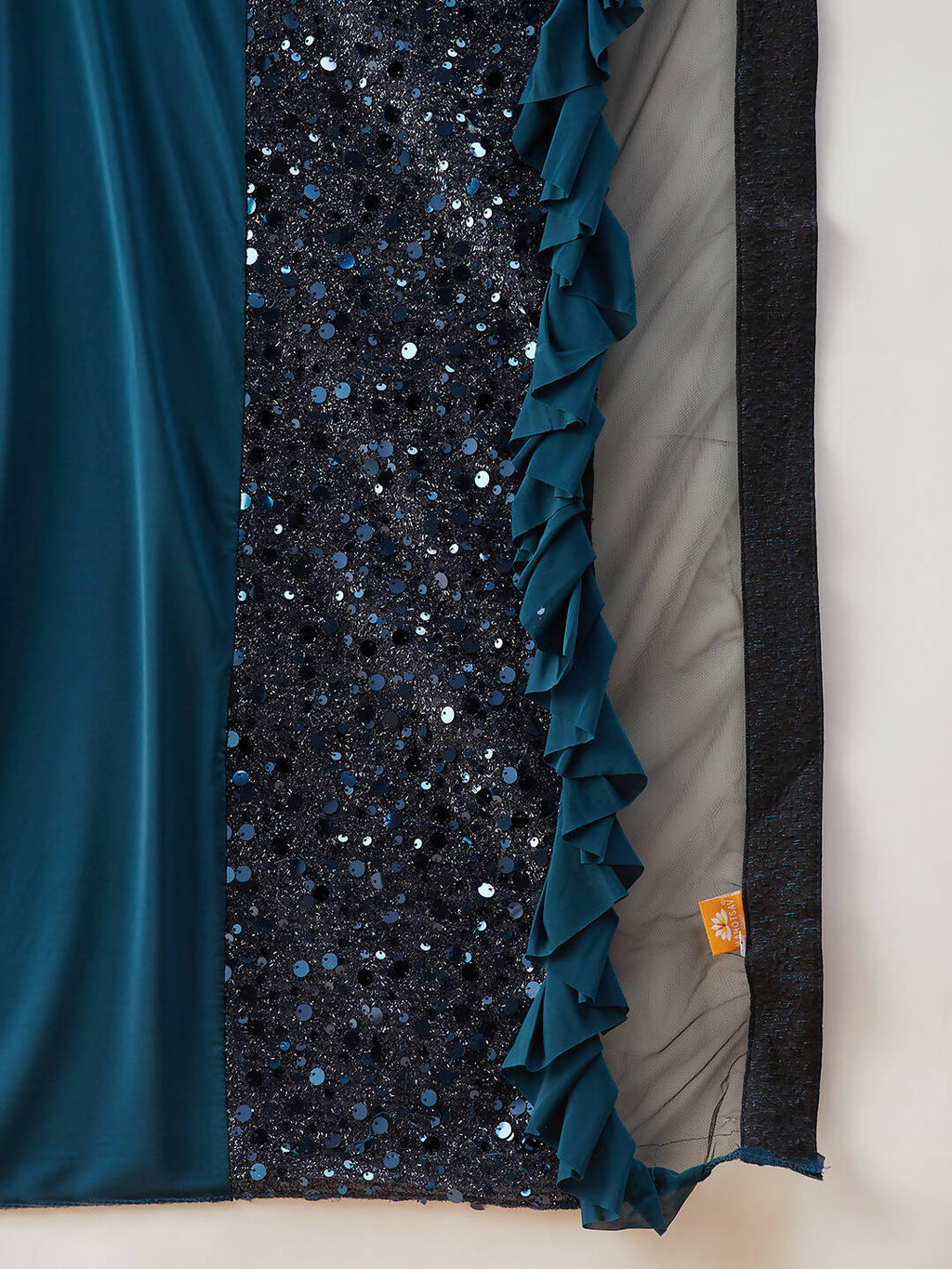 Peacock Blue Lycra Sequins Fabric. Frill Details, Handwork Buttis Saree - Norita Hit Design